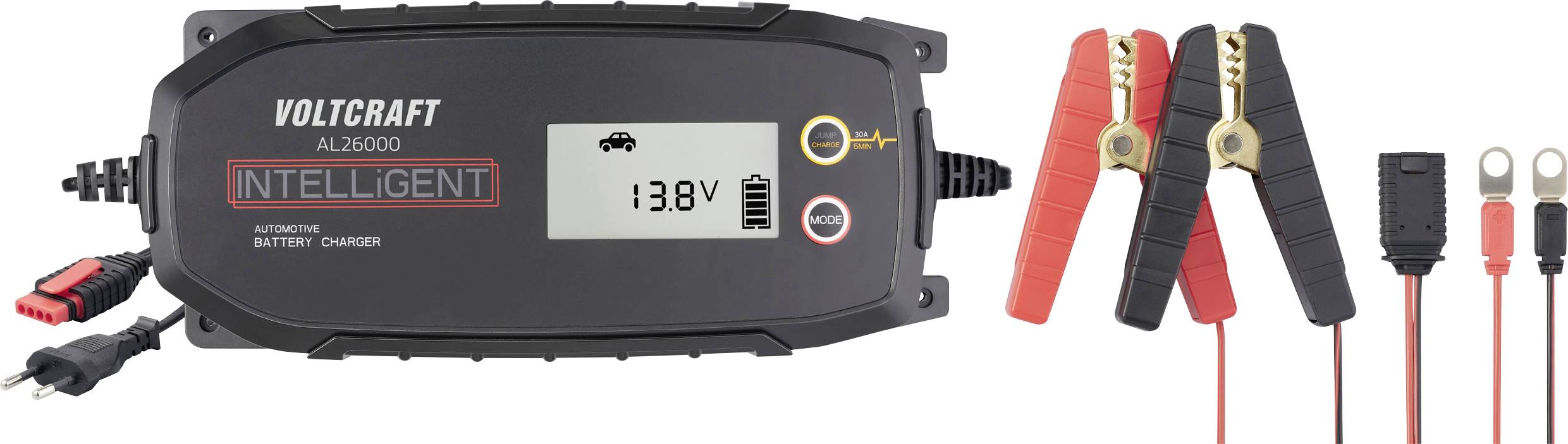 Batterieladegerät mit LCD-Display zeigt '13.8V'. Enthält rote und schwarze Krokodilklemmen, Kabel mit Netzstecker und Rundklemmen.