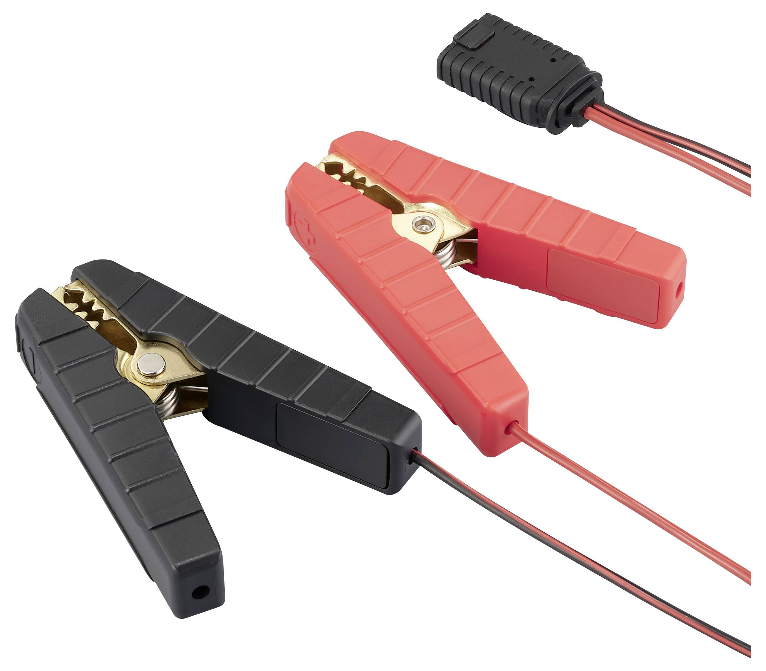 Rote und schwarze Starterkabelklemmen mit Verbindungskabeln. Sie werden verwendet, um Fahrzeuge über die Batterie zu starten.