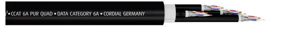 Schwarzes Datenkabel mit dem Aufdruck 'CAT 6A F/FTP CLOUD • DATA CATEGORY 6A • MADE IN GERMANY'. Zeigt mehrere farbige Innenleiter.