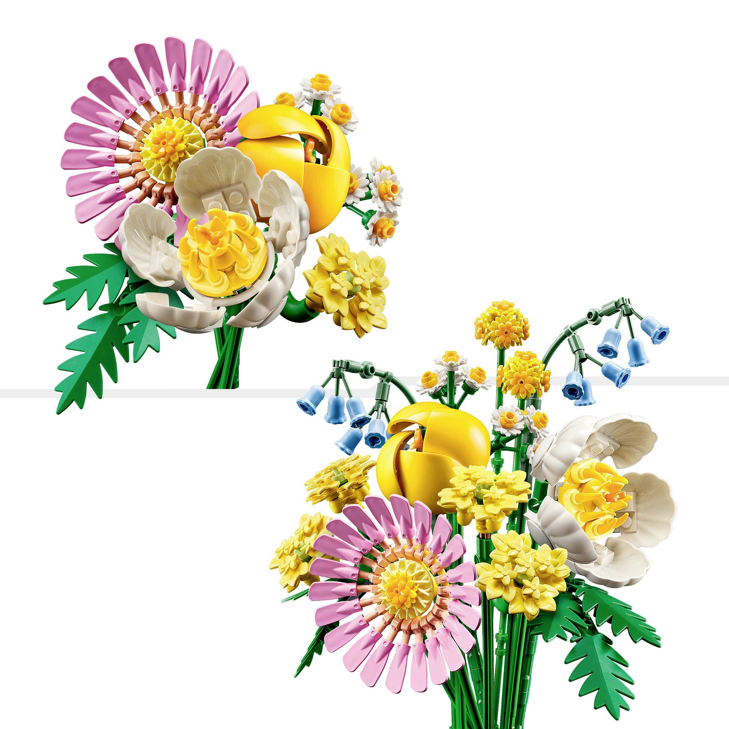 Ein bunter Blumenstrauß aus rosa, gelben und blauen Blumen mit detaillierten Blüten und grünen Blättern, künstlerisch gestaltet.