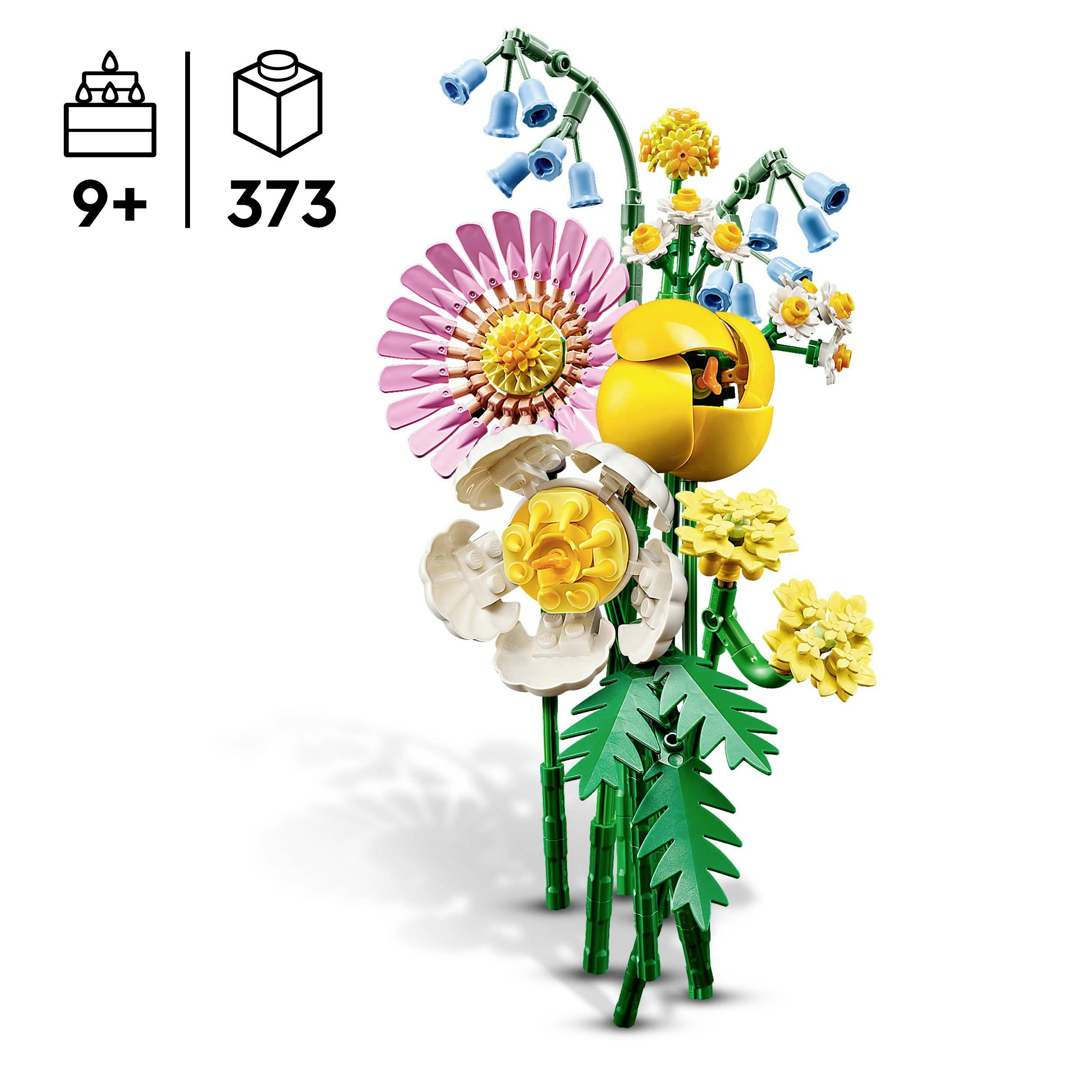 LEGO-Set 'Frühlingsblumenstrauß' mit 373 Teilen, geeignet ab 9 Jahren. Bunte Blumen wie Mohn, Rose und Margeriten aus LEGO-Steinen.