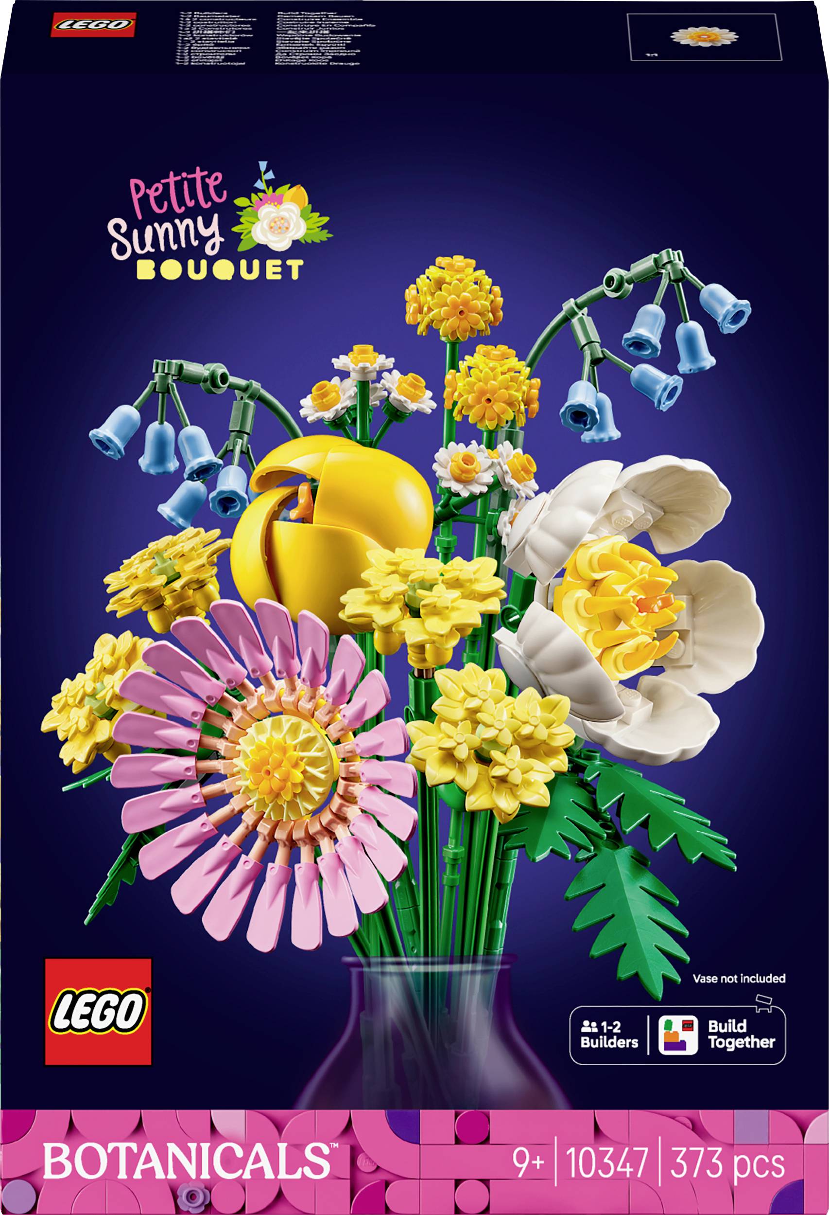 'LEGO Botanical Collection: Petite Sunny Bouquet' aus 373 Teilen. Bunter Blumenstrauß, gelb und rosa Blumen, in Vasenform dargestellt.