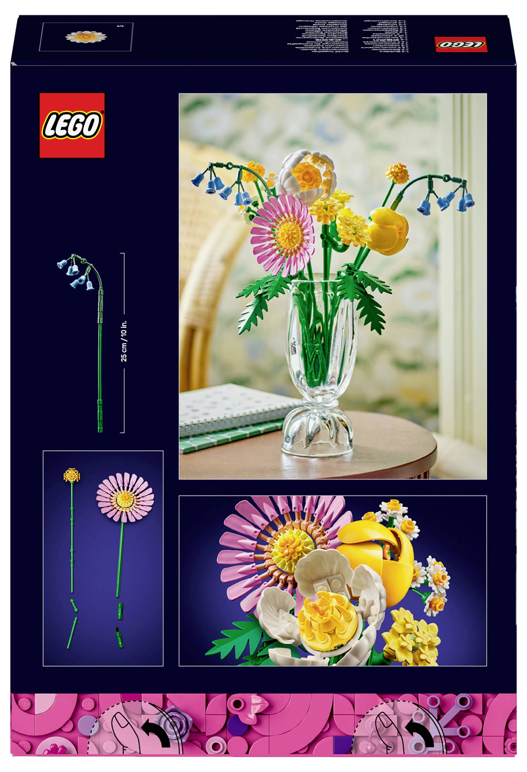LEGO-Set-Verpackung zeigt einen Strauß aus bunten Blumen, darunter Gänseblümchen und Rosen, auf einem Tisch in einem klaren Glasvase.