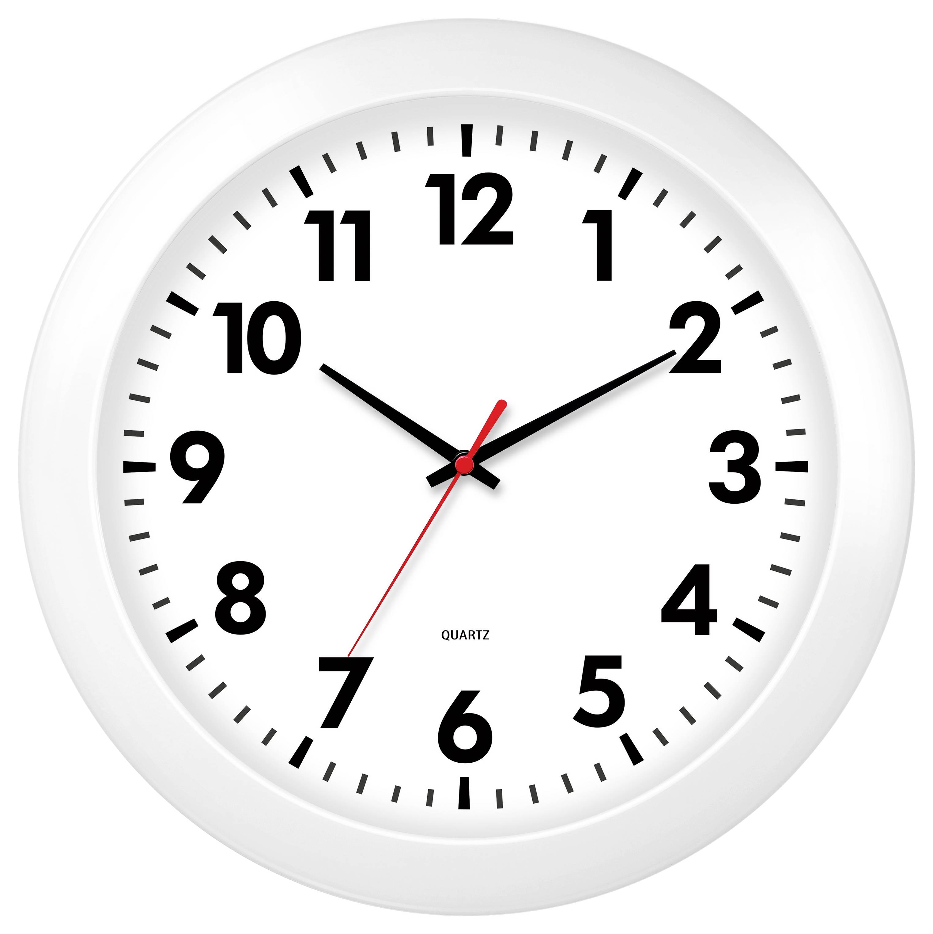 Weiße analoge Uhr mit schwarzen Zahlen und Zeigern auf zwölf Uhr sowie einem roten Sekundenzeiger.