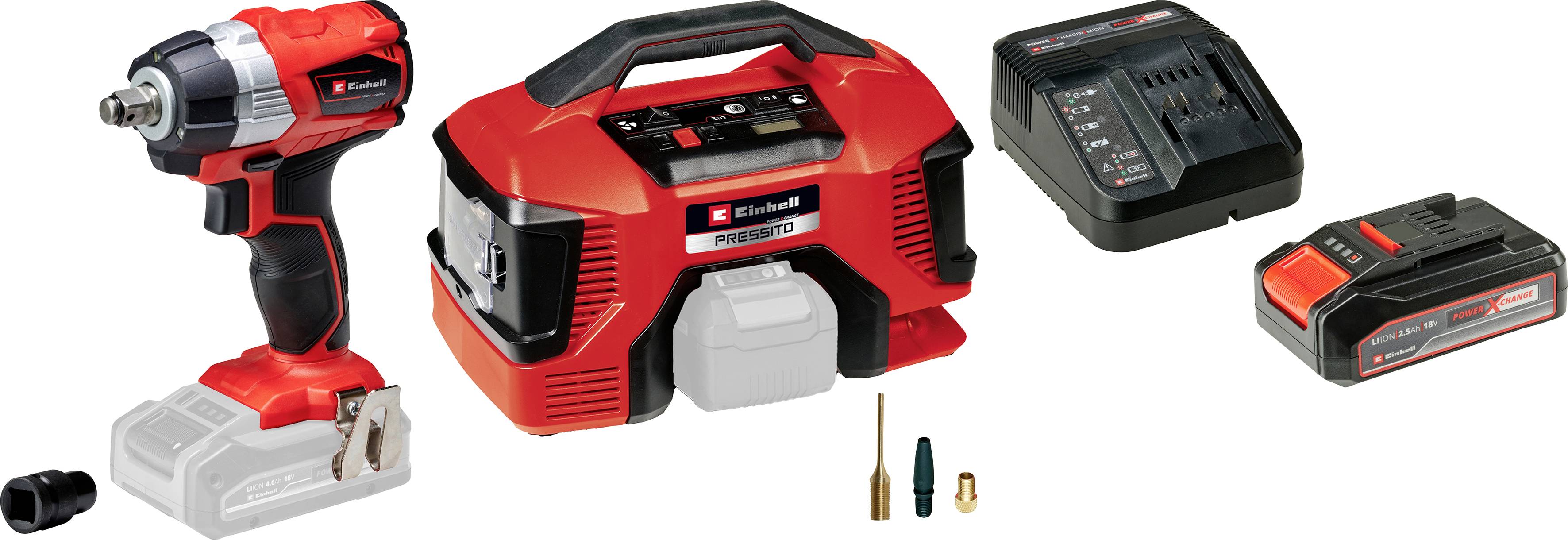 Akkuschrauber-Set mit Ladegerät, Akku und Bohrern. Hauptteile sind in Rot und Schwarz gehalten. Ideal für Heimwerkerprojekte.