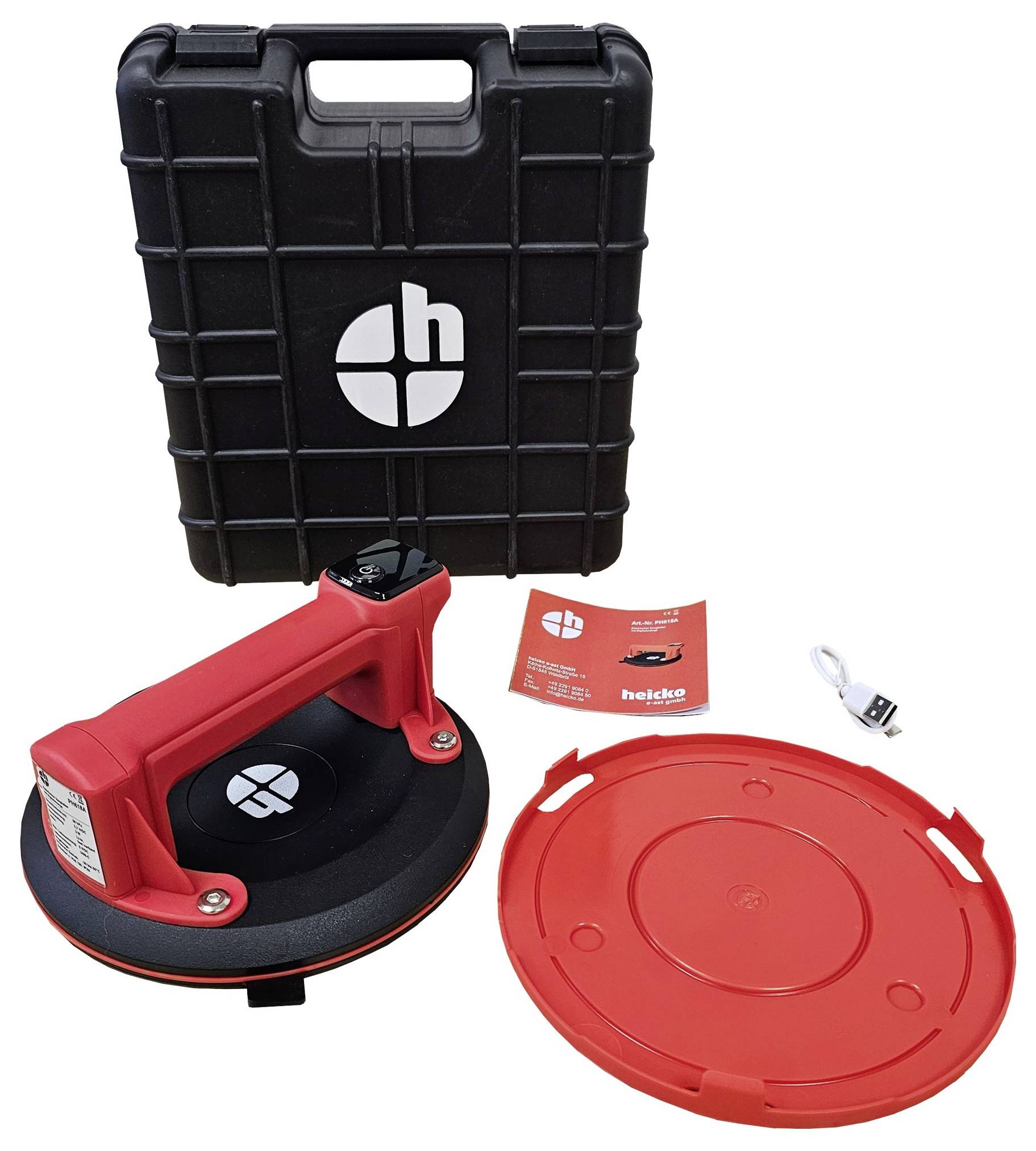 Heicko PH618A 1-Kopf-Saugheber mit eingebauter elektrischer Vakuumpumpe und -Vakuumanzeige, inkl. Aufbewahrungskoffer, Ø 200mm