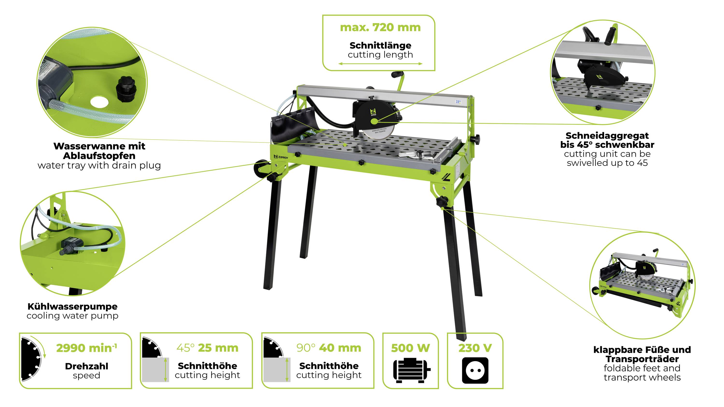 Fliesenschneidmaschine mit Wasserwanne, Kühlwasserpumpe, Drehzahl- und Schnittwinkelanzeige. Schneidet Fliesen bis 720mm Länge.