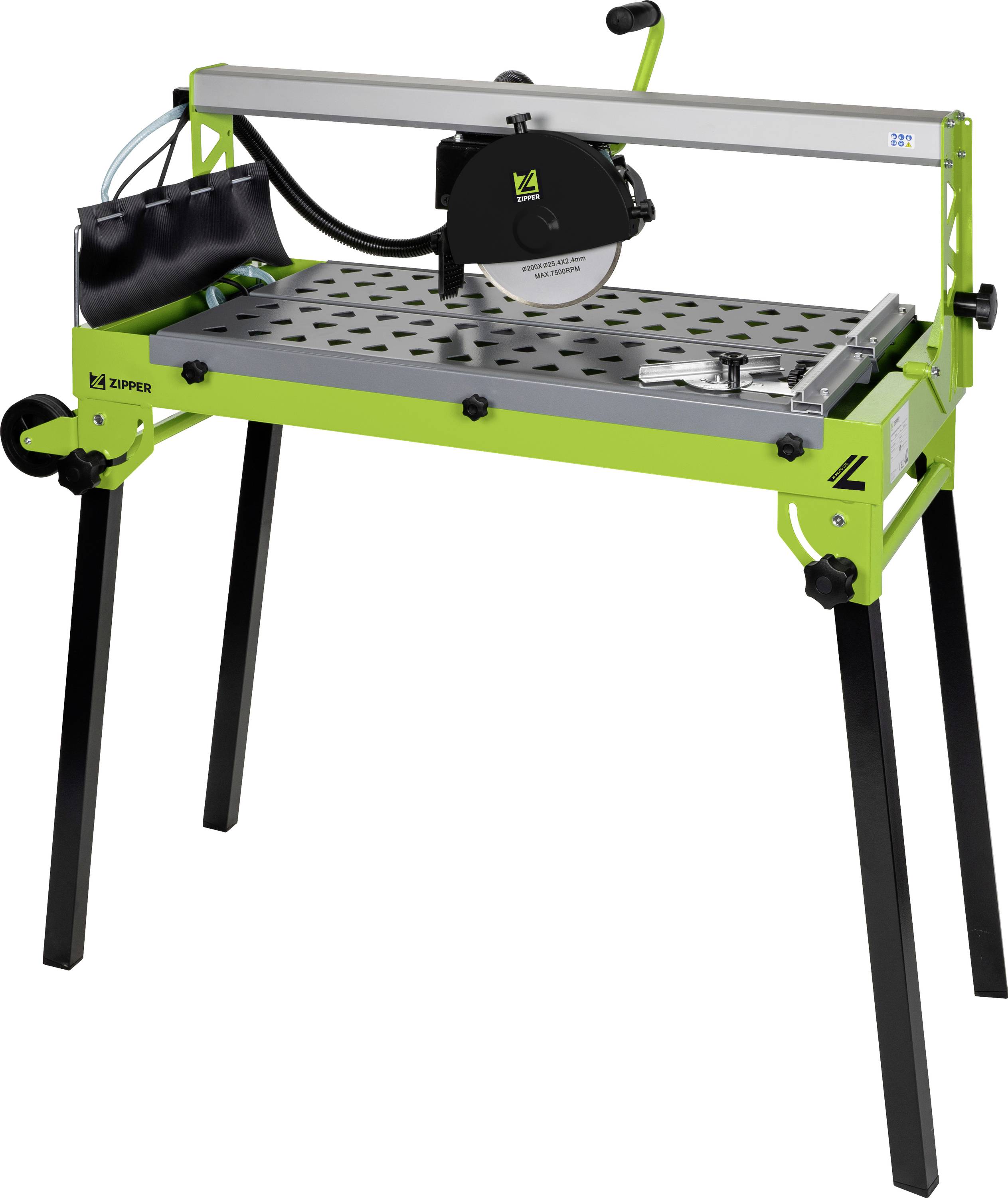 Eine grüne Fliesenschneidemaschine mit schwarzer Schneidescheibe auf einem stabilen Tisch, geeignet für präzises Schneiden von Fliesen.