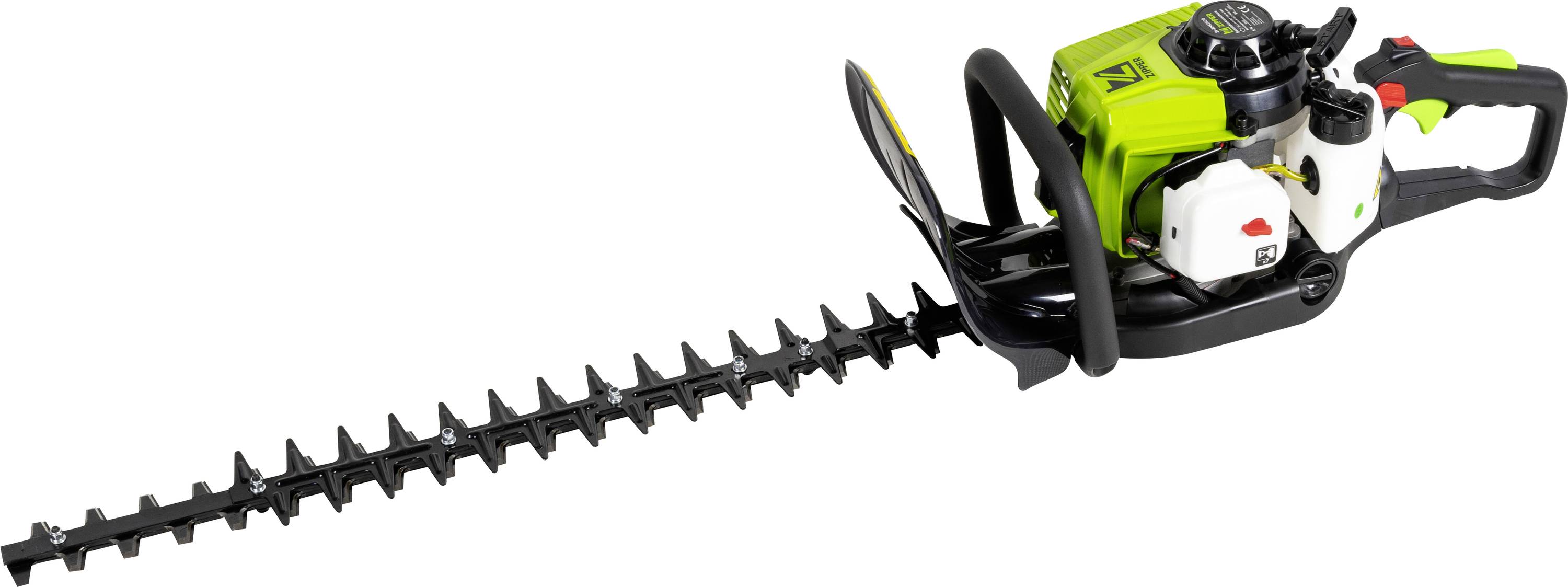 Eine grüne motorbetriebene Heckenschere mit schwarzem Griff und Sicherheitsbügel. Das Gerät hat eine doppelseitige Schneideklinge.