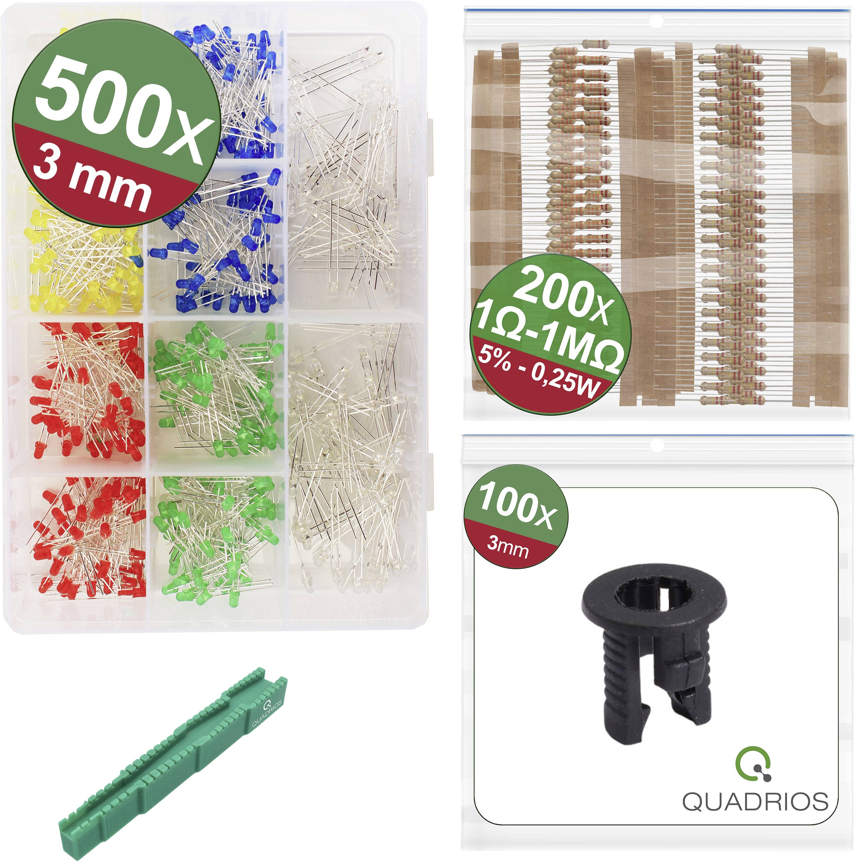 Eine Box mit 500 bunten LEDs, 200 Widerständen und 100 schwarzen Kunststoffbefestigungen, neben einem grünen Pin-Abzieher.
