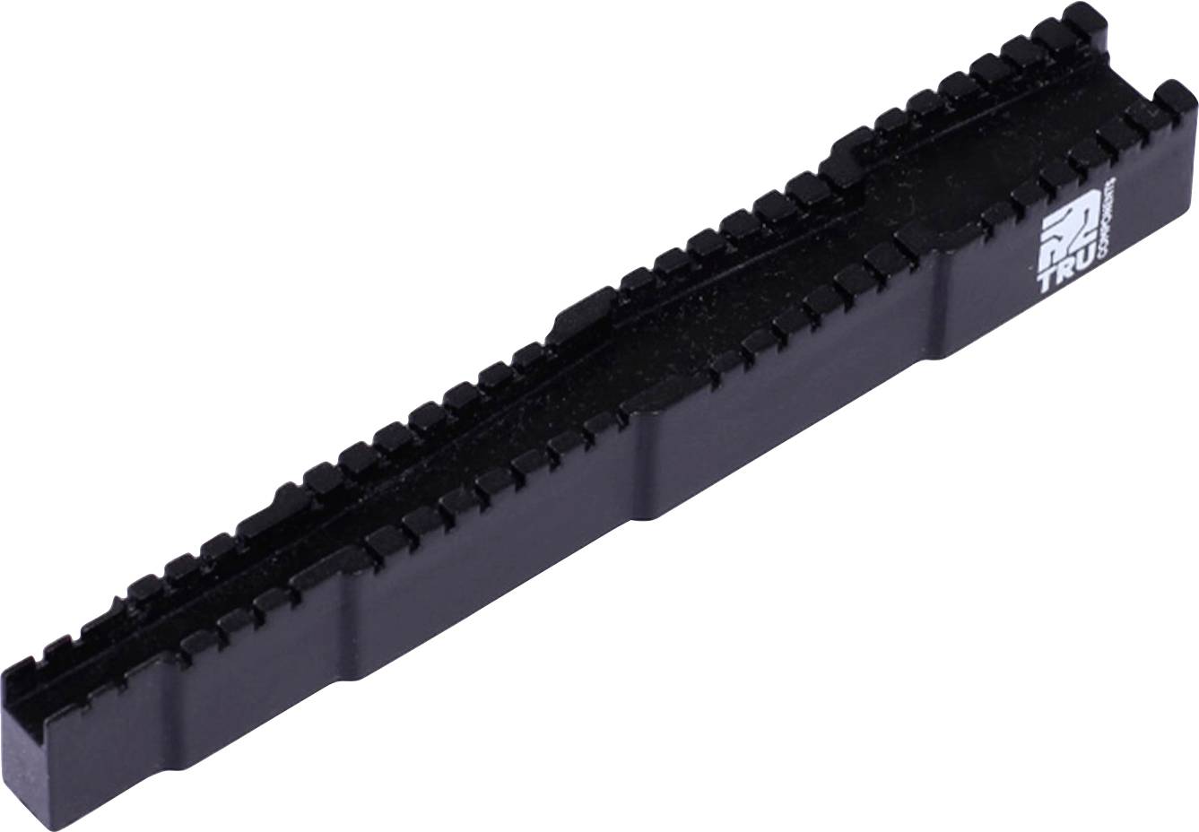 Ein schwarzes, rechteckiges Bauteil mit gezackter Oberseite und Markenlogo auf der Seite. Möglicherweise ein elektrisches oder mechanisches Element.