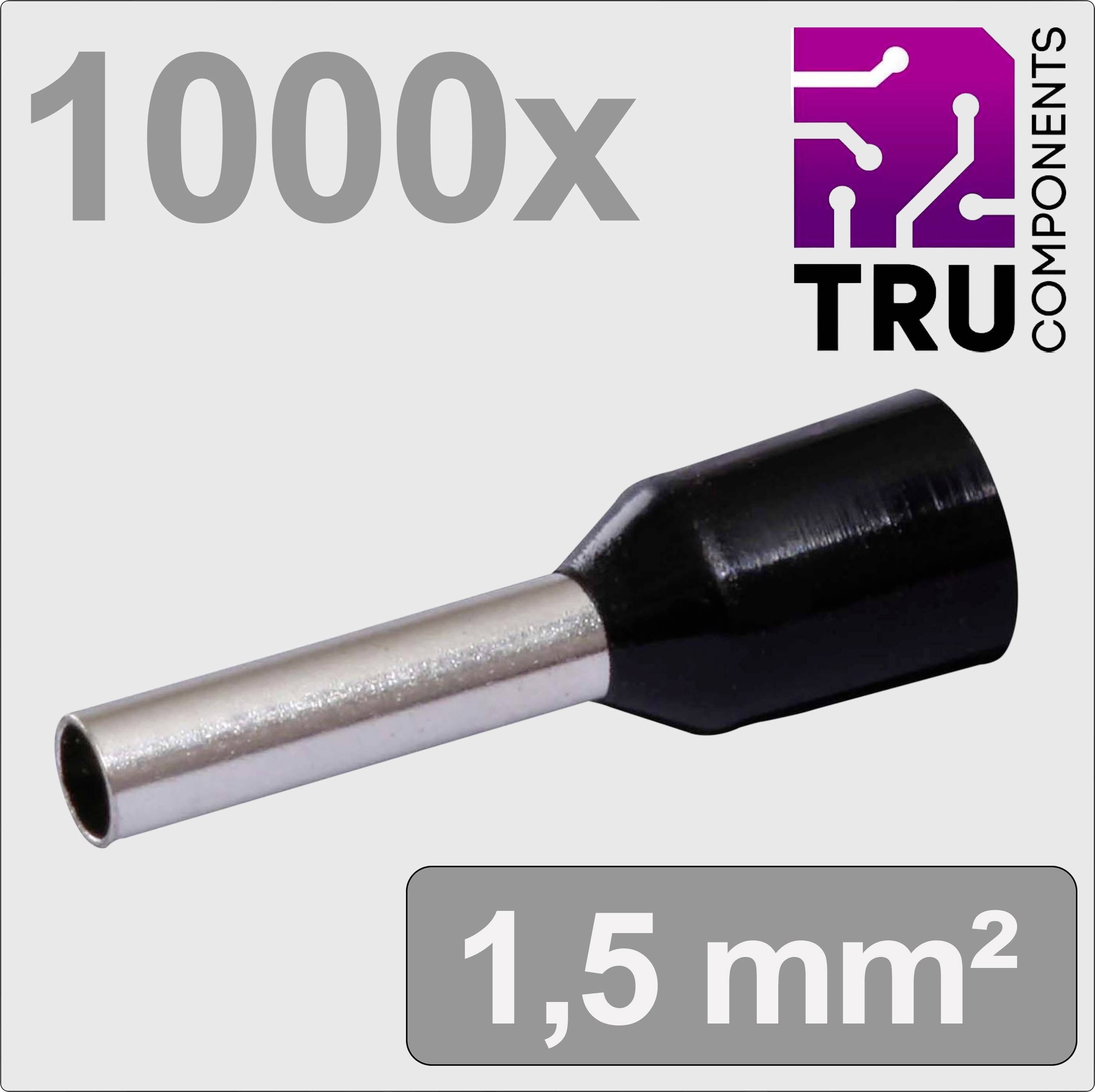 '1000x TRU Components' Aderendhülsen-Set, 1,5 mm², Darstellung eines schwarzen Aderendhülsenkopfes mit silbernem Metallkörper.