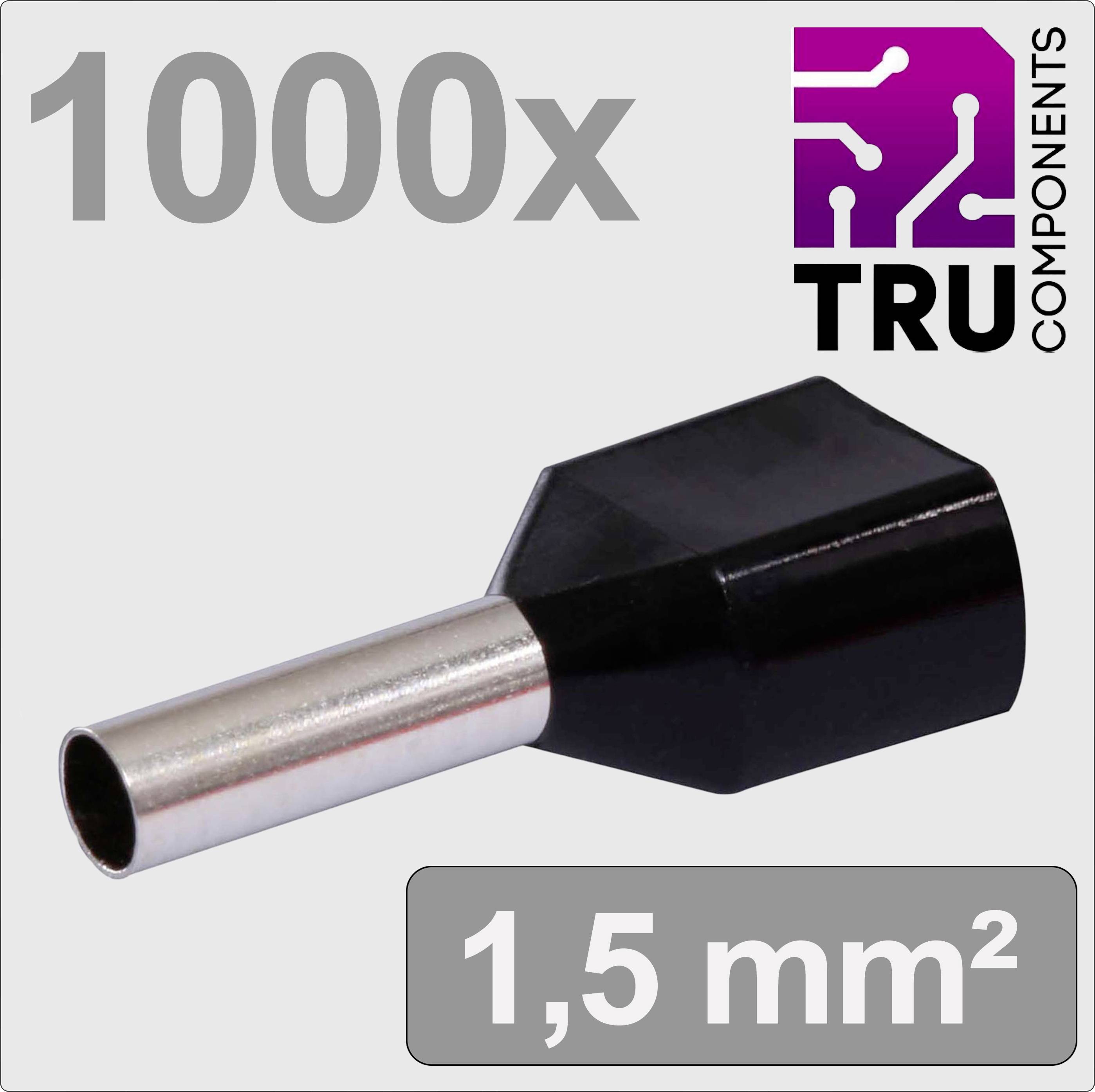 Isolierte Aderendhülse von TRU Components mit einem Querschnitt von 1,5 mm², silbern und schwarz, Abbildung zeigt Verpackungsmenge 1000x.
