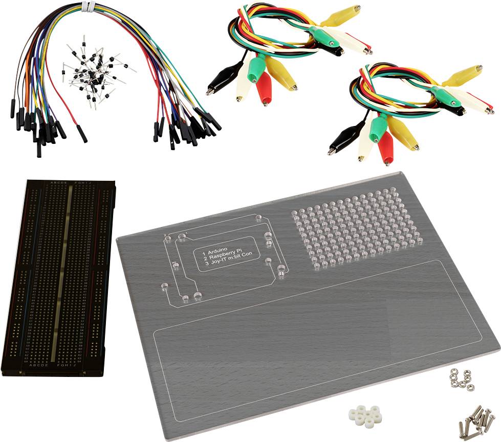 'Lernpaket Elektrotechnik' enthält Breadboard, Steckbrücken, Alligatorclips, Schrauben. Ideal für Experimente und Schaltungen.