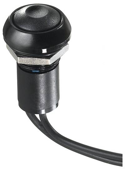 Ein schwarzer runder Drucktaster mit Kabel, montierbar in Geräte, zur Steuerung von elektronischen Schaltungen oder Funktionen.