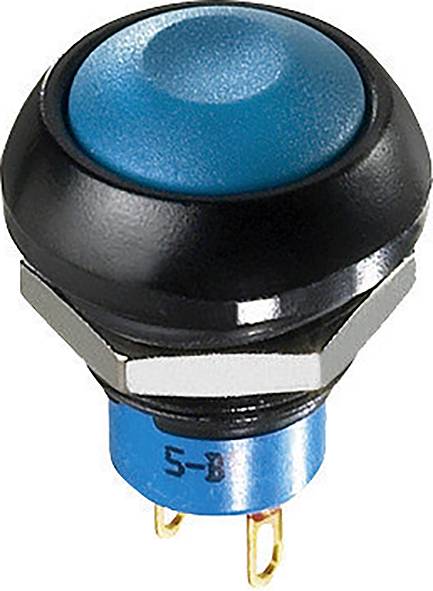Ein blauer Druckknopf mit schwarzem Rand und silbernen Kontakten. Der Knopf gehört zu einem elektrischen Schaltermodul.