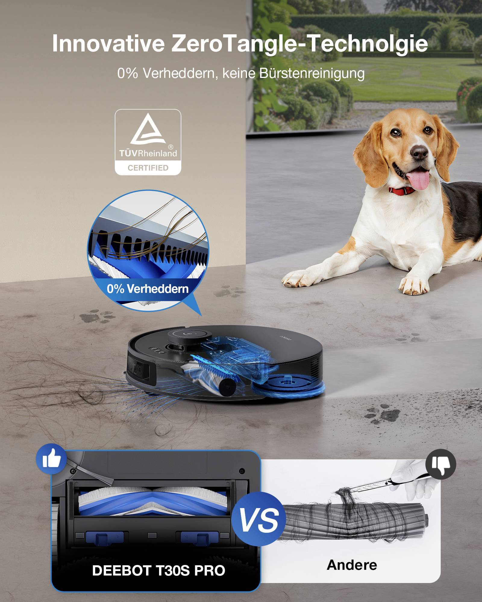 Staubsaugerroboter mit Anti-Verhedderungs-Technologie. TÜV-zertifiziert. Vergleich zwischen DEEBOT T30S PRO und herkömmlicher Bürste.