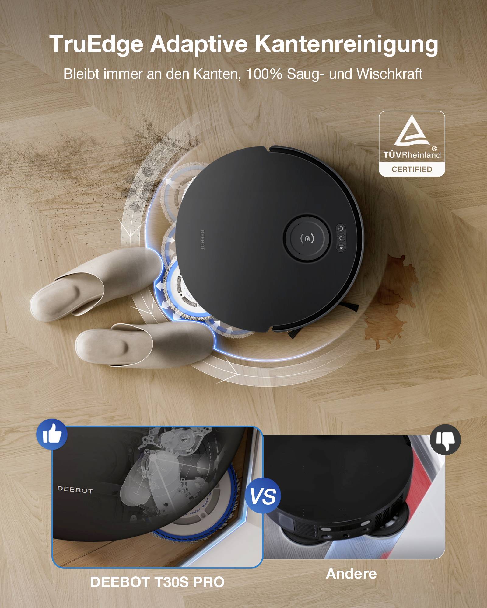 Ein runder Saugroboter auf einem Holzboden mit Hausschuhen daneben. Text oben: 'TruEdge Adaptive Kantenreinigung'. Vergleichsbilder unten zeigen Unterschiede.