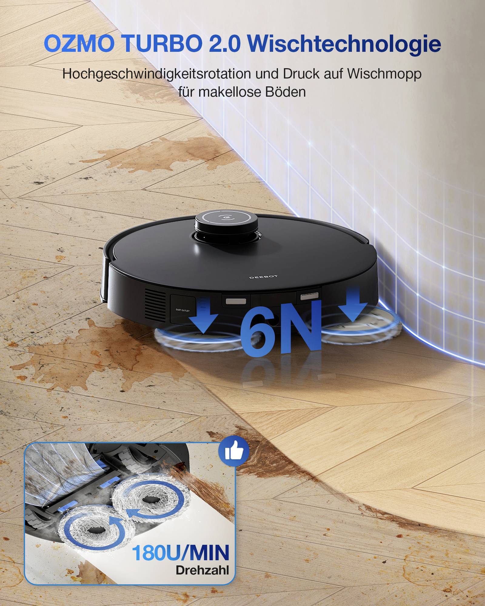 Ein automatischer Staubsauger reinigt einen Holzboden mit 'OZMO TURBO 2.0' Wischtechnologie. Beifügtes Bild zeigt detaillierte Ansicht der Reinigung.