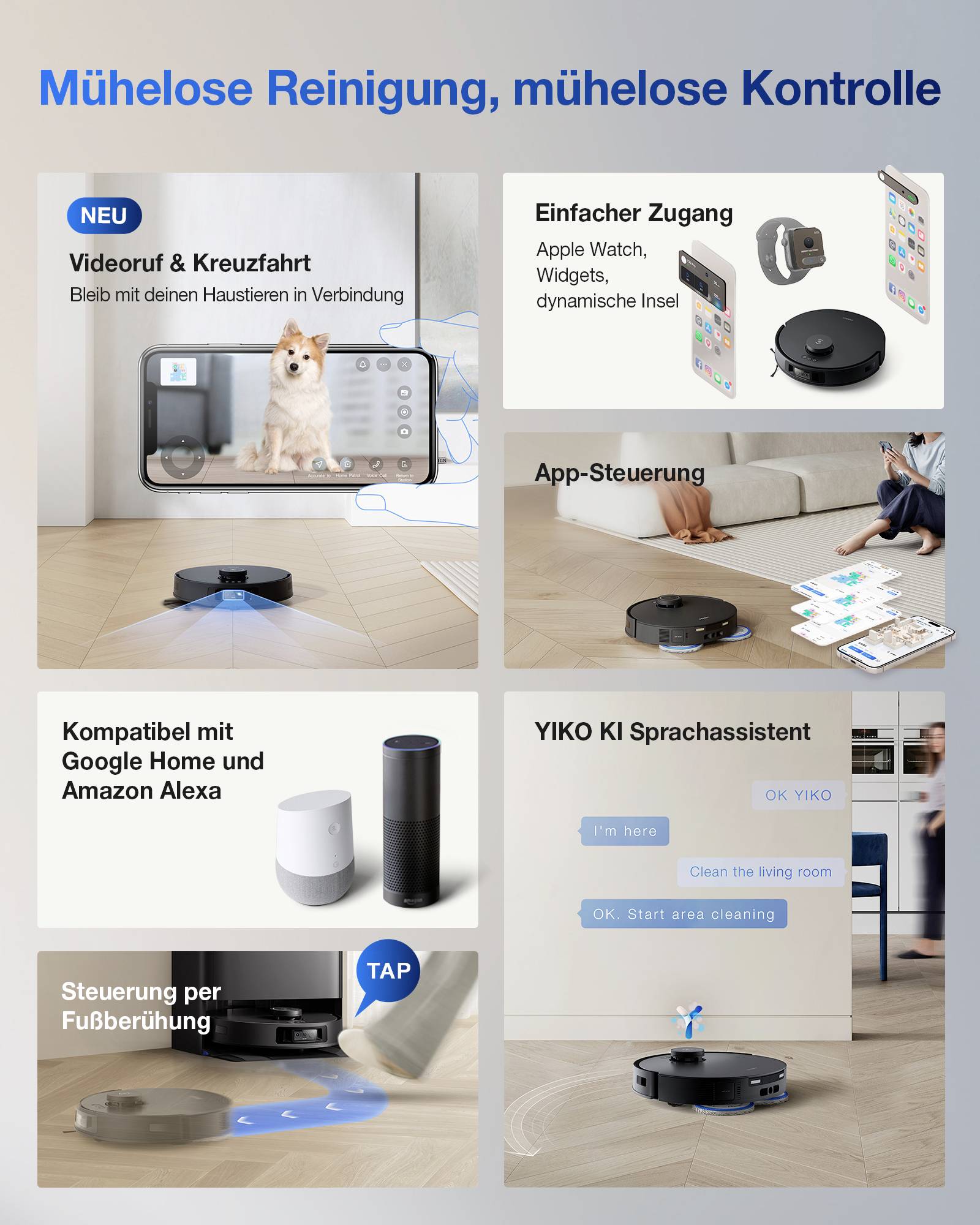 Werbeplakat für Roboterstaubsauger: Videoruf & Kreuzfahrt, einfacher Zugang, App-Steuerung, kompatibel mit Sprachassistenten, Steuerung per Fußberührung.