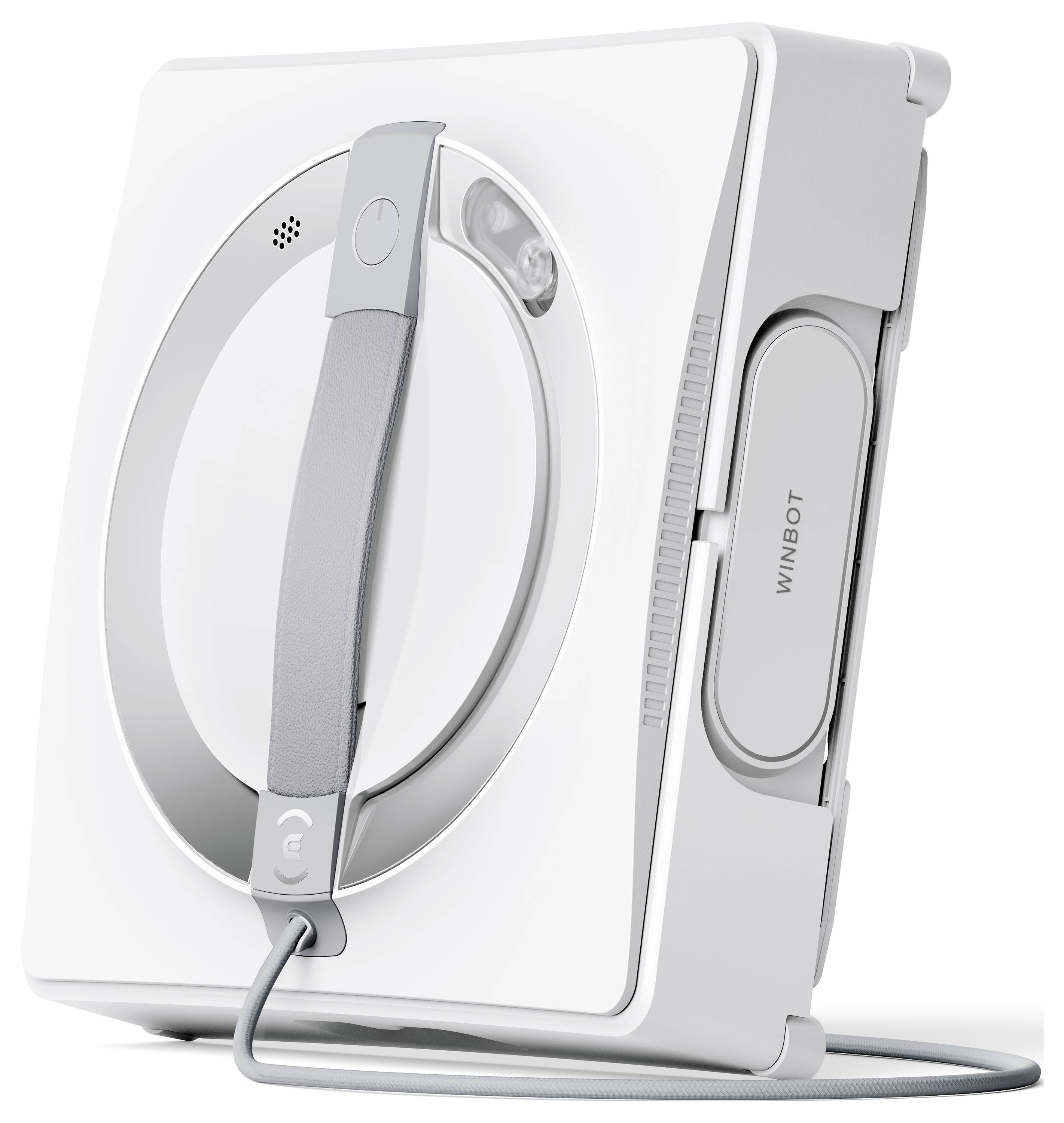 Rechteckiger Fensterreinigungsroboter mit weißem Gehäuse und grauem Griff, geeignet für die automatische Reinigung von Glasflächen.