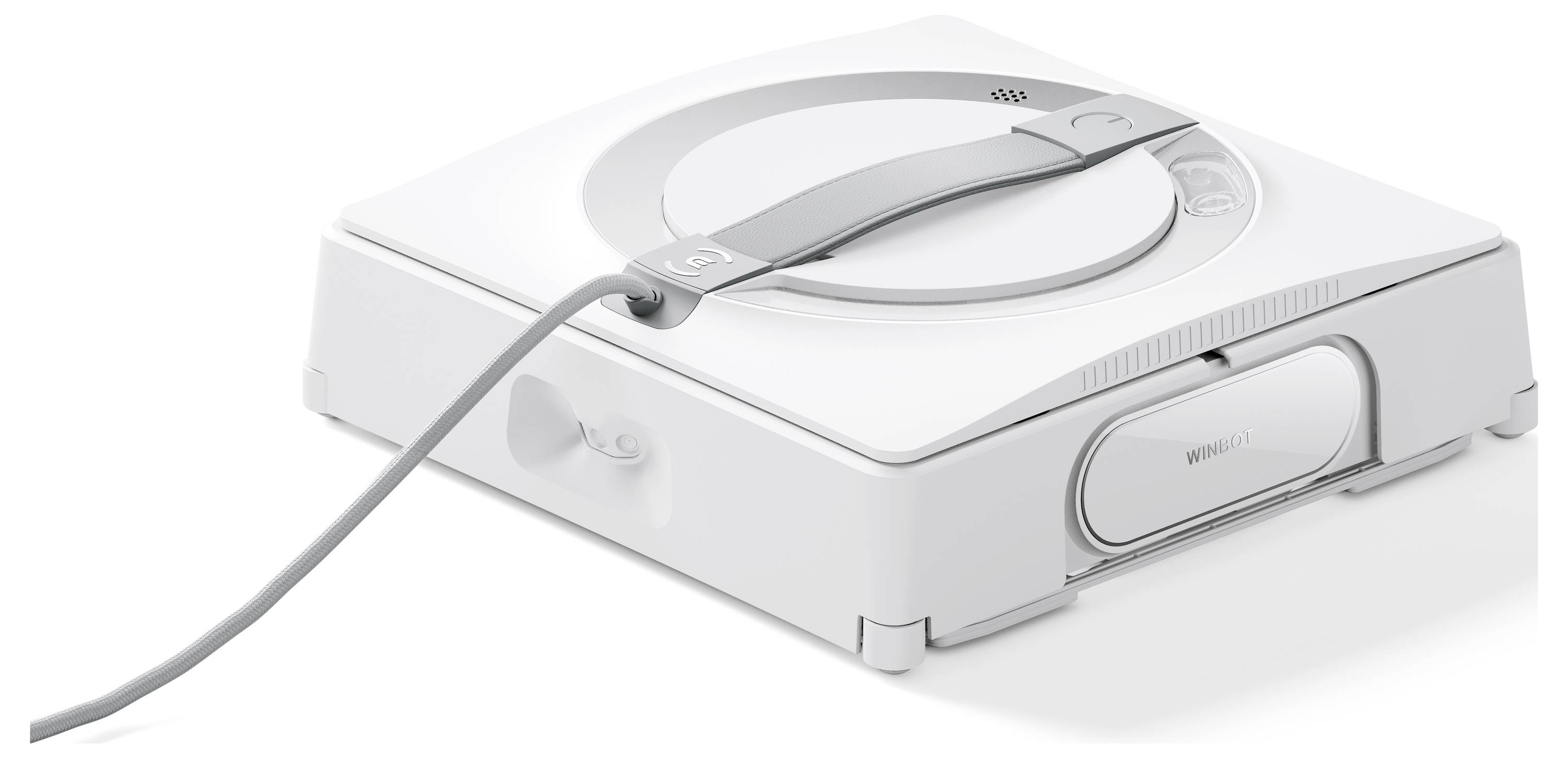 Ein quadratisches, weißes Gerät mit integriertem Kabel. Es hat eine glatte Oberfläche und könnte ein Haushaltsgerät sein.