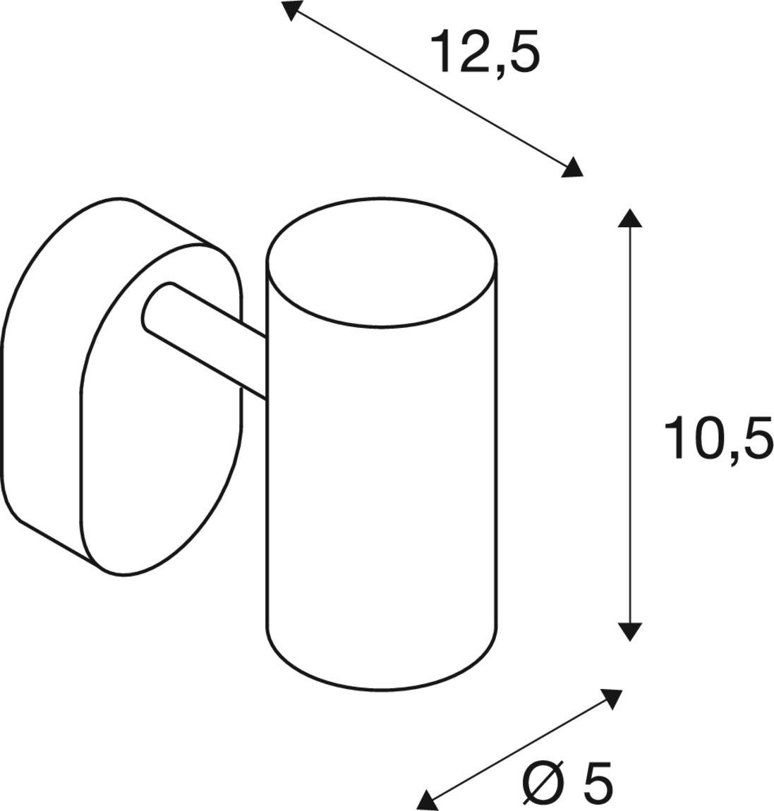 Halbsymmetrische Illustration eines zylinderförmigen Wandhalters mit den Maßen: Höhe 10,5 cm, Tiefe 12,5 cm, Durchmesser 5 cm.