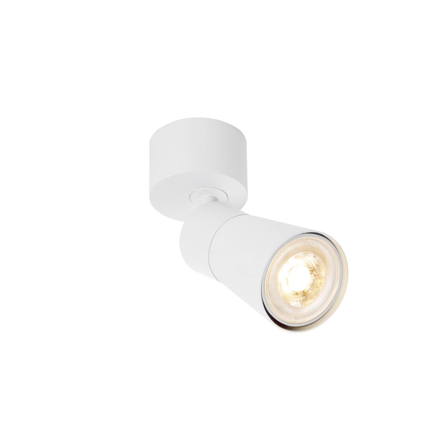 Weiße, zylinderförmige Deckenlampe mit schwenkbarem Spotlicht, das in eine Richtung leuchtet.