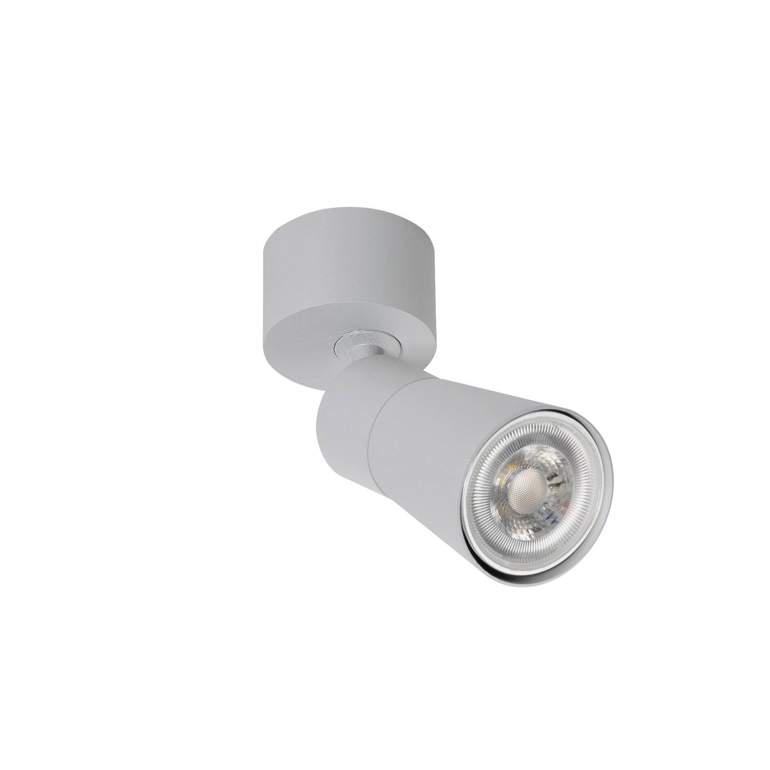 Ein einfacher, weißer Deckenstrahler mit modernem Design, der an der Decke montiert ist.