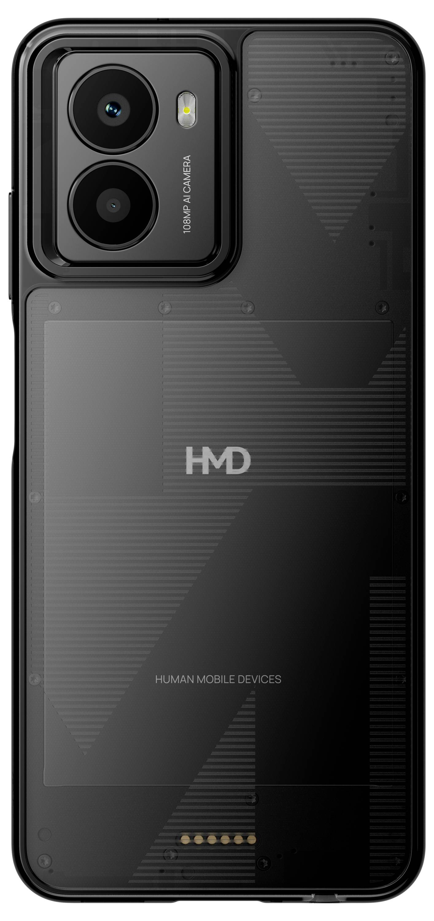 Ein Smartphone mit durchsichtigem Gehäuse zeigt die internen Schaltkreise. Oben links zwei Kameralinsen und ein Blitz.