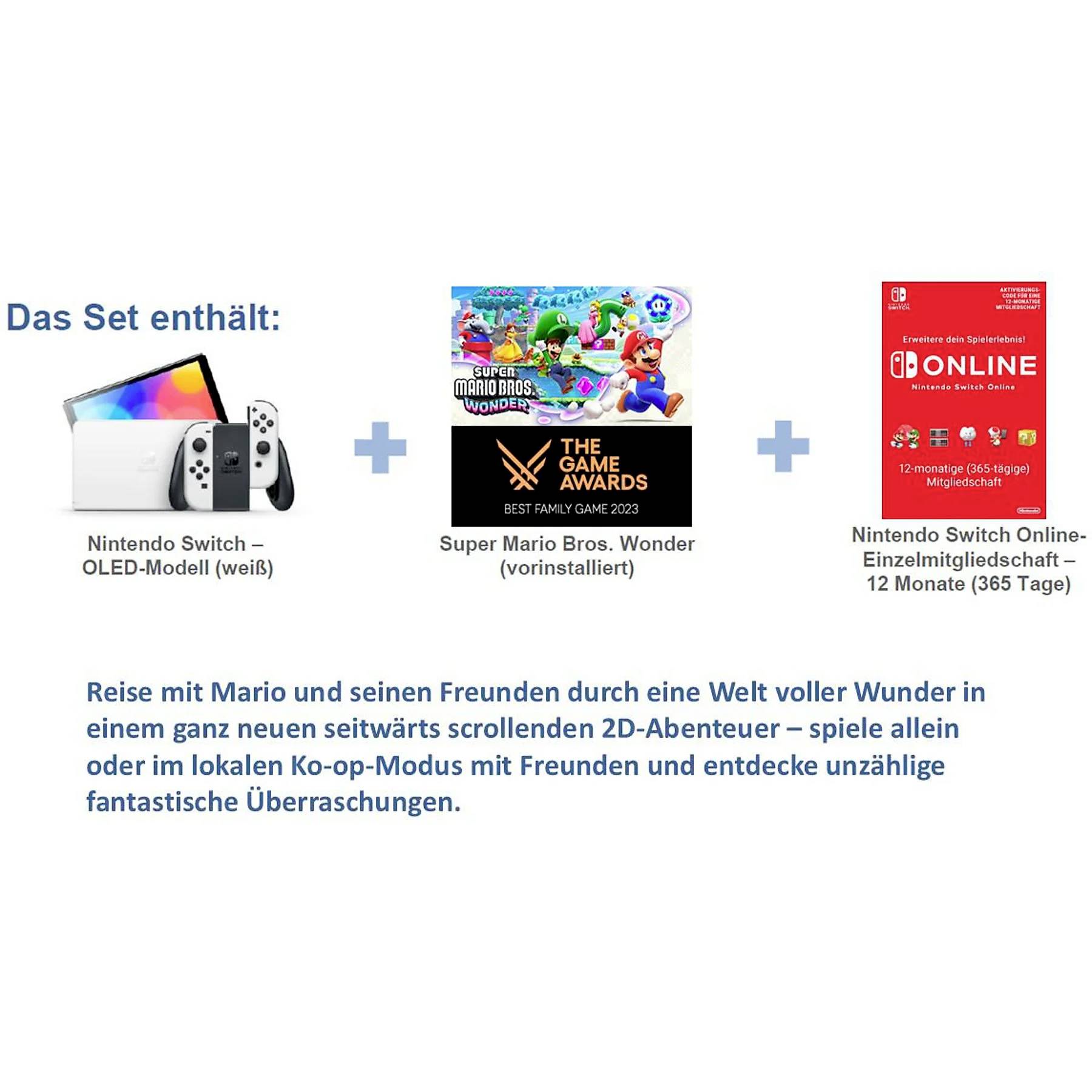 Nintendo Switch OLED Konsole 64GB Grau, Weiß inkl. Super Mario Bros. Wonder, inkl. 12 Monate Switch Online
