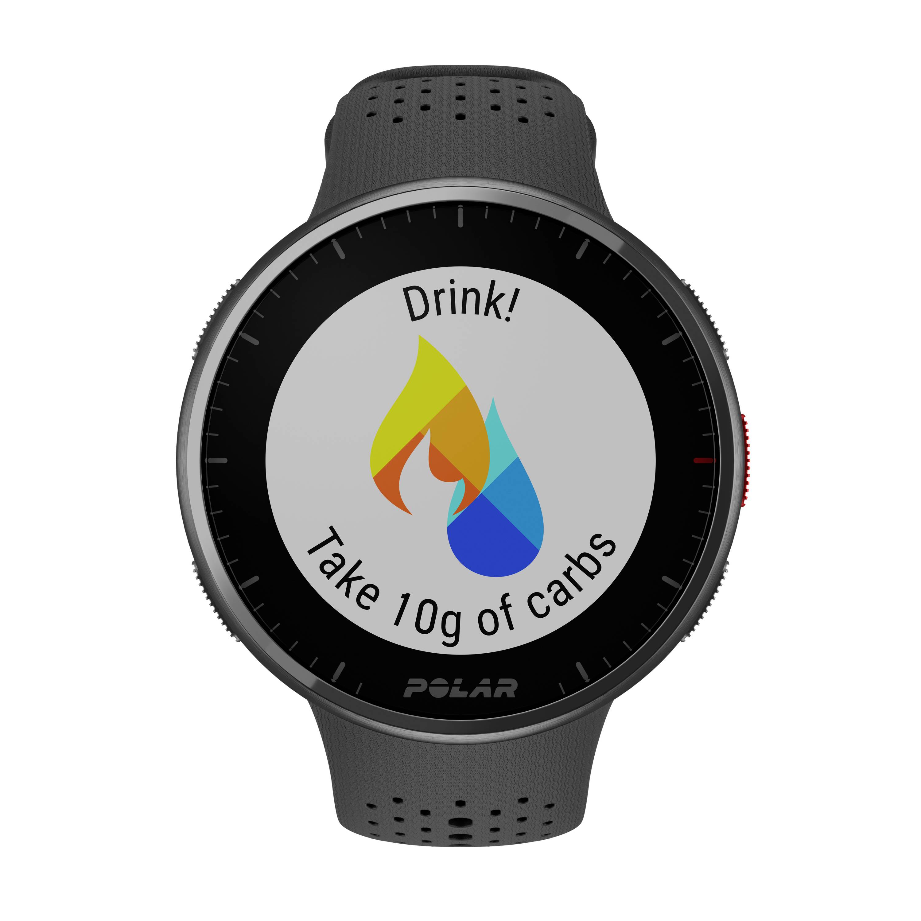 Schwarze Smartwatch zeigt eine Anzeige mit Text 'Drink! Take 10g of carbs' und ein Symbol mit einer gelben und blauen Flamme.