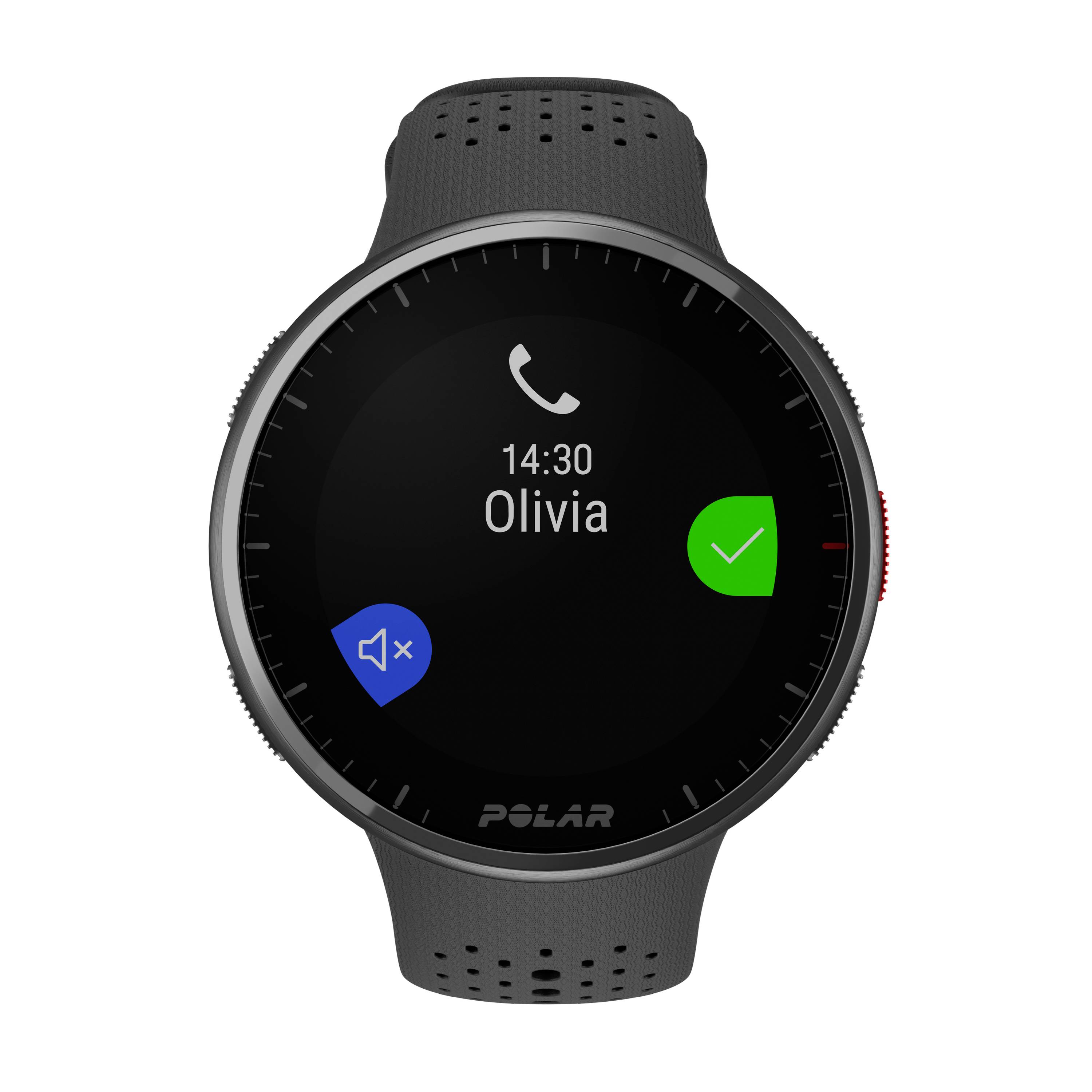Eine Smartwatch zeigt einen eingehenden Anruf von 'Olivia' um 14:30 Uhr an. Optionen zum Annehmen oder Ablehnen des Anrufs sind sichtbar.