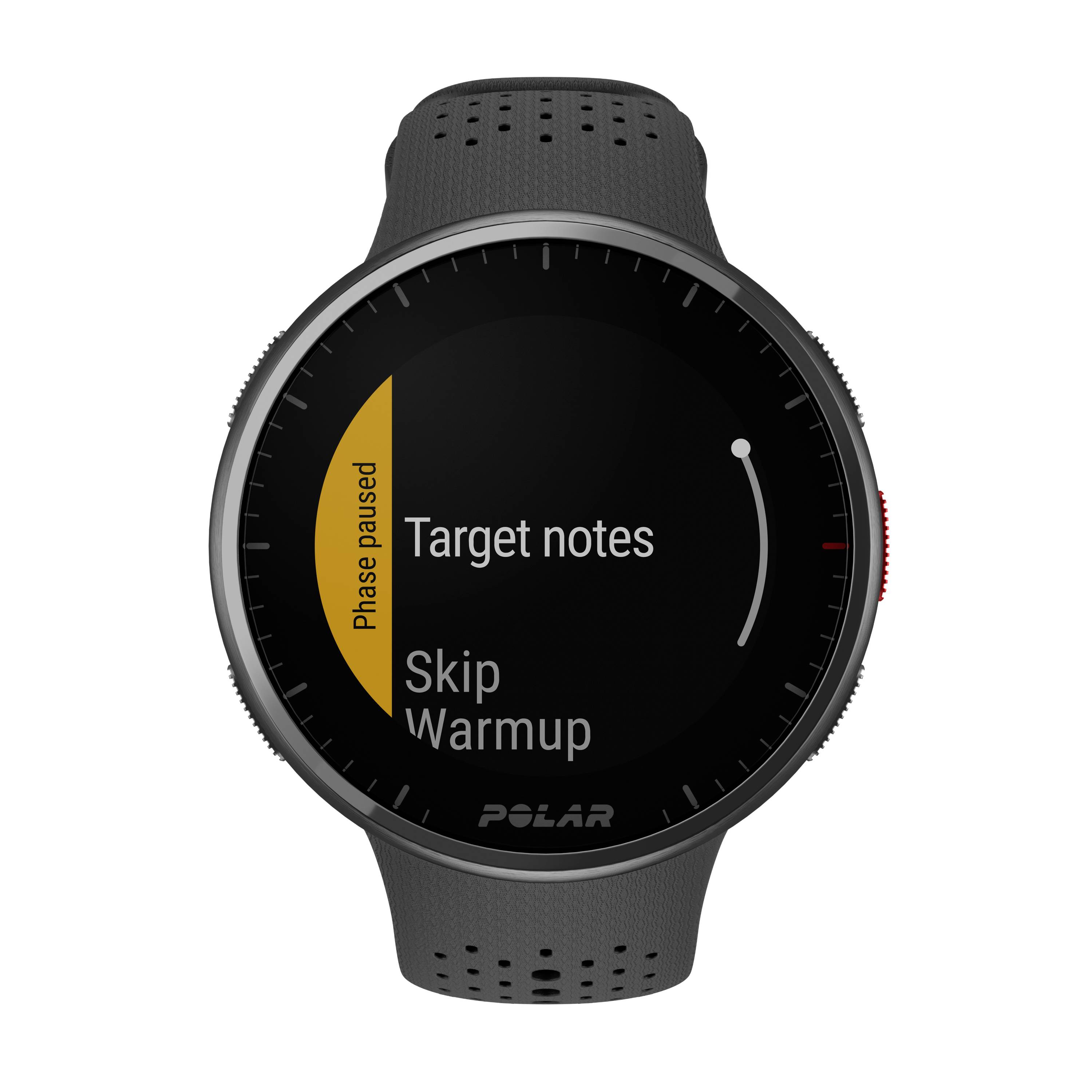 Eine Smartwatch zeigt den Text 'Phase paused', 'Target notes', 'Skip Warmup'. Die Anzeige ist auf einer schwarzen Oberfläche.
