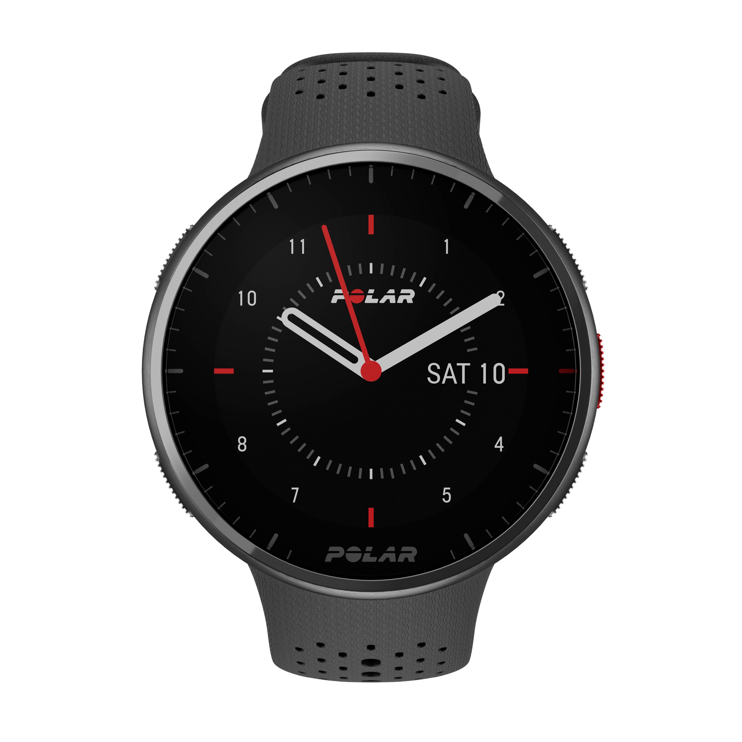 Eine schwarze Smartwatch mit rotem Sekundenzeiger und digitalem Display zeigt '10' als Datum an.