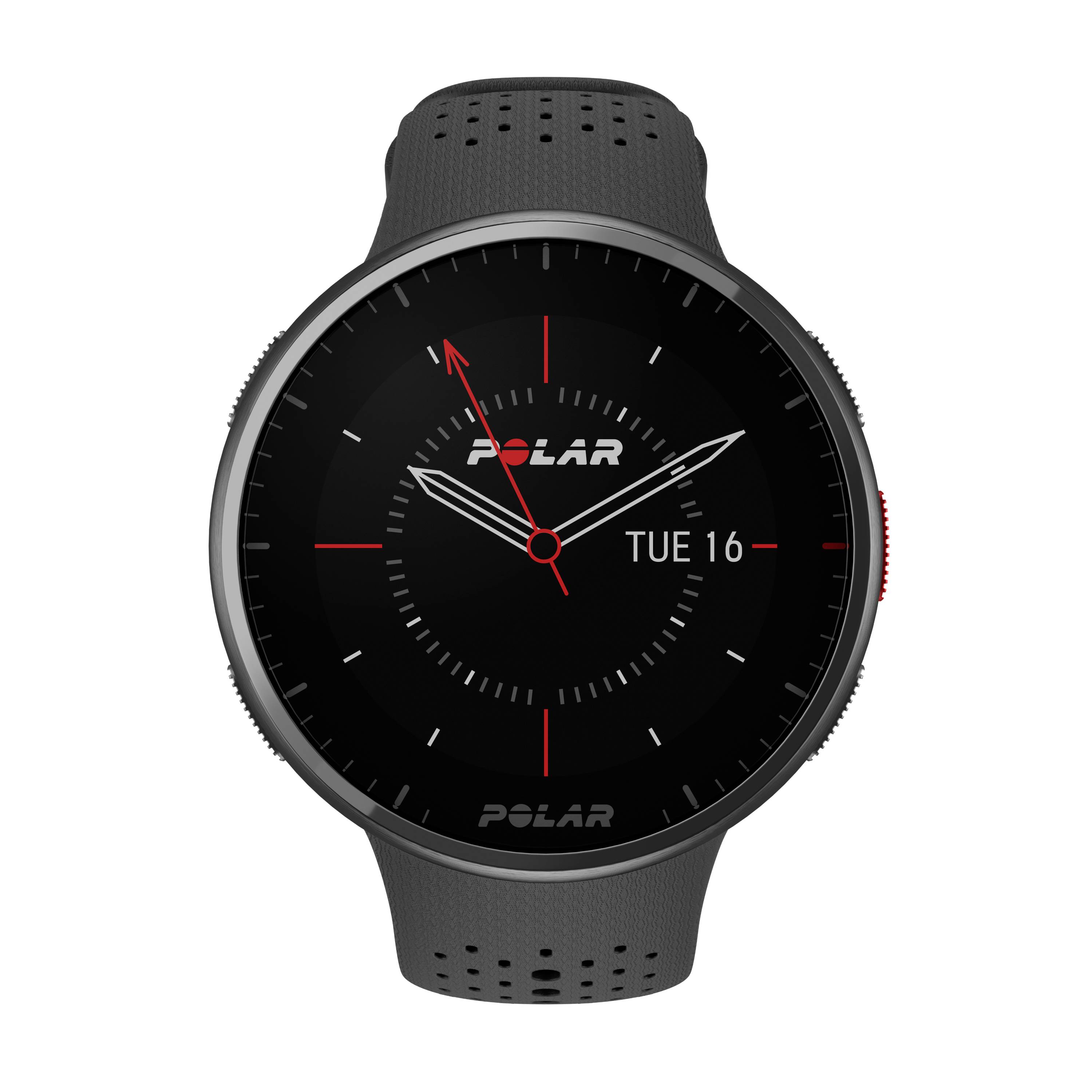 Smartwatch mit rundem Zifferblatt, grauem Armband und digitaler Anzeige von Datum und Zeit, markiert mit roten Details.