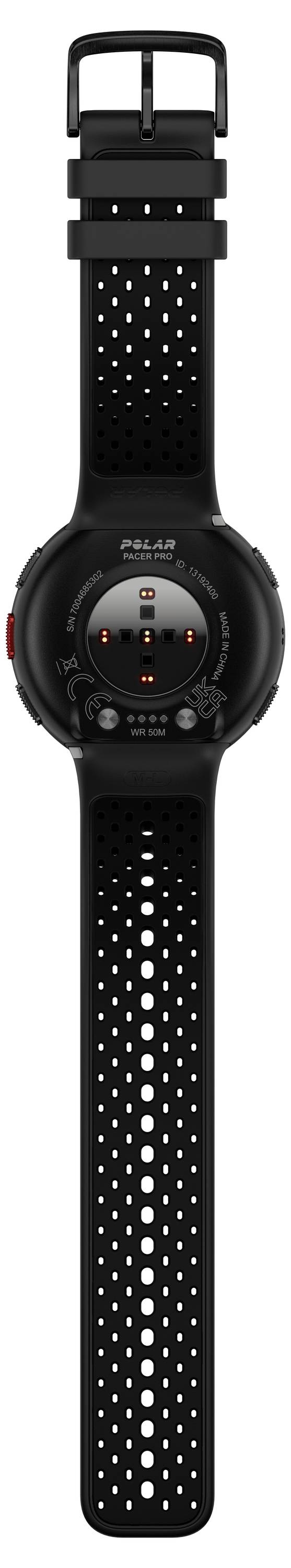 Schwarze Sportuhr mit perforiertem Armband; große seitliche Taste und LED-Anzeige auf der Vorderseite.