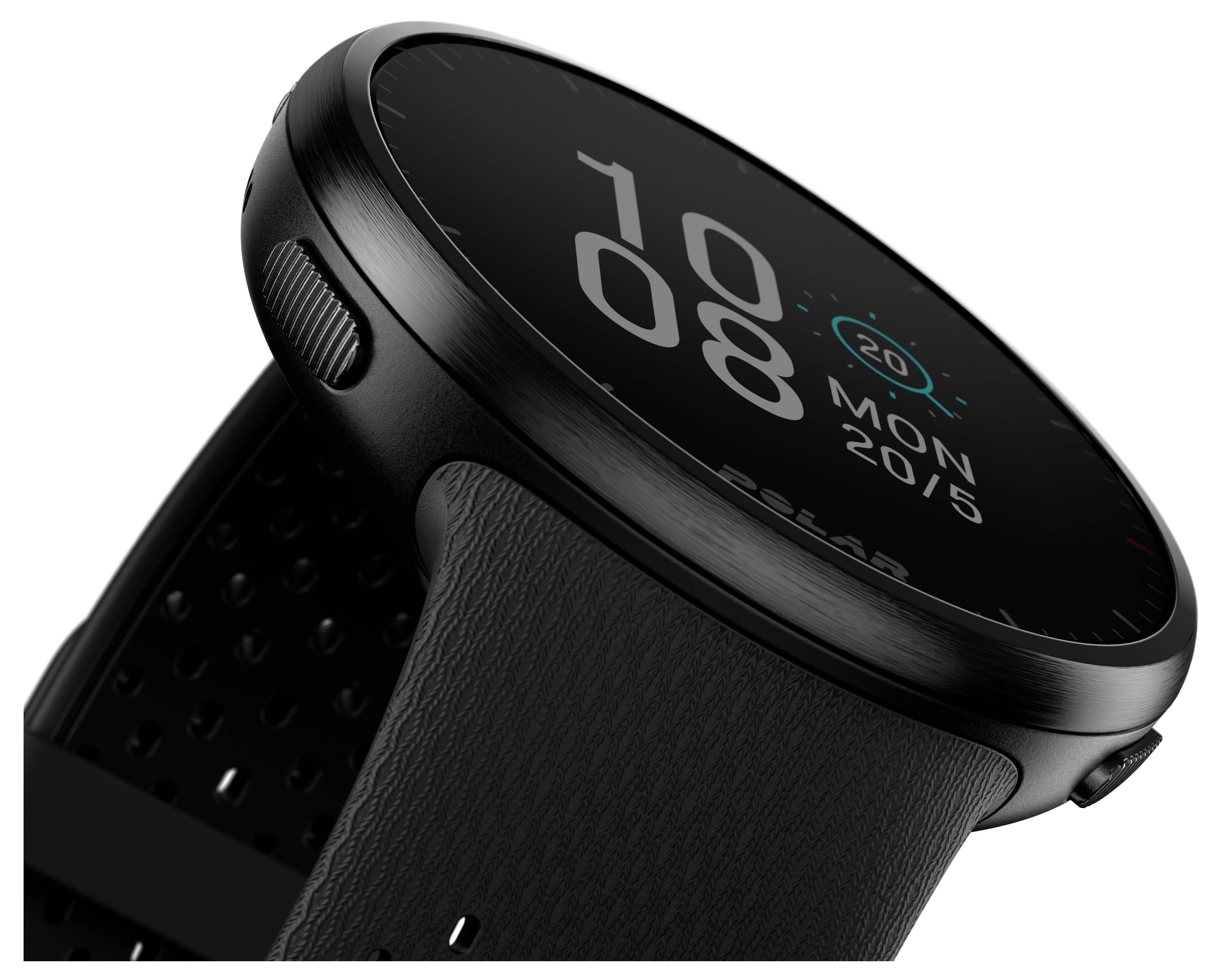 Schwarze Smartwatch mit rundem Zifferblatt, zeigt 10:08 Uhr und das Datum Montag, 20/5, auf einem digitalen Display.