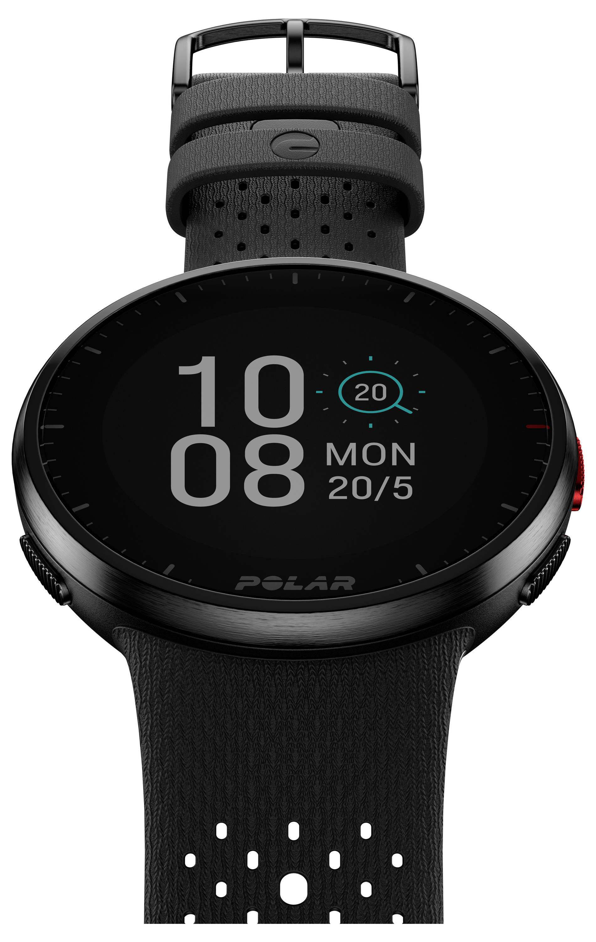 Schwarze Smartwatch mit rundem Display zeigt Uhrzeit 10:08 und Datum Montag, 20. Mai.