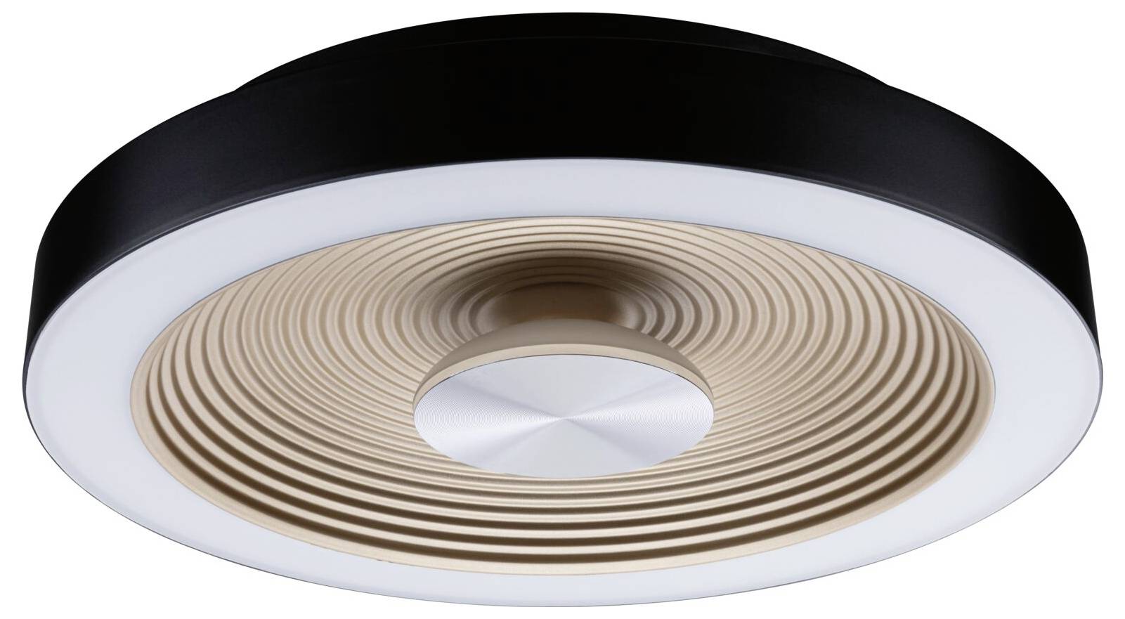 Deckenleuchte mit modernem, kreisförmigem Design aus schwarzem und goldenem Material, umgeben von einem LED-Lichtstreifen.