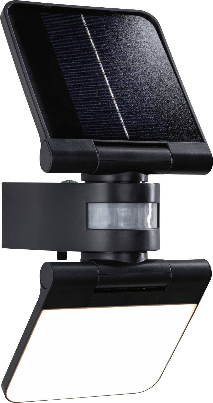 Solarbetriebene Außenleuchte mit rechteckigem Solarpanel und Bewegungsmelder, geeignet für energiesparende Außenbeleuchtung.