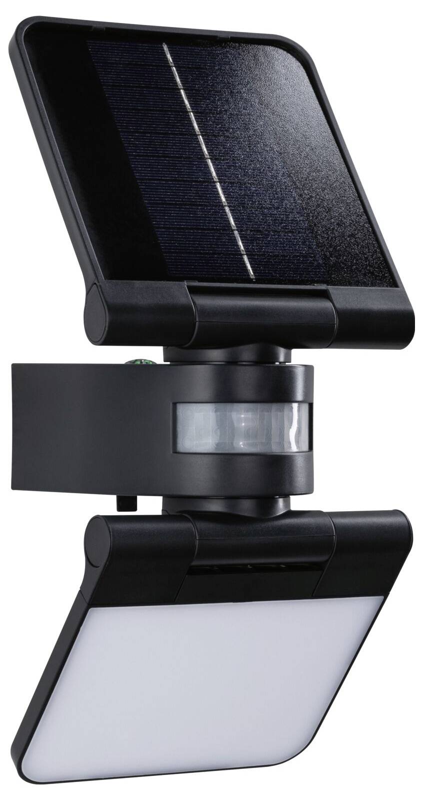 Eine solarbetriebene Wandlampe mit integriertem Bewegungssensor und rechteckigem Solarmodul. Ideal für Außenbeleuchtung.