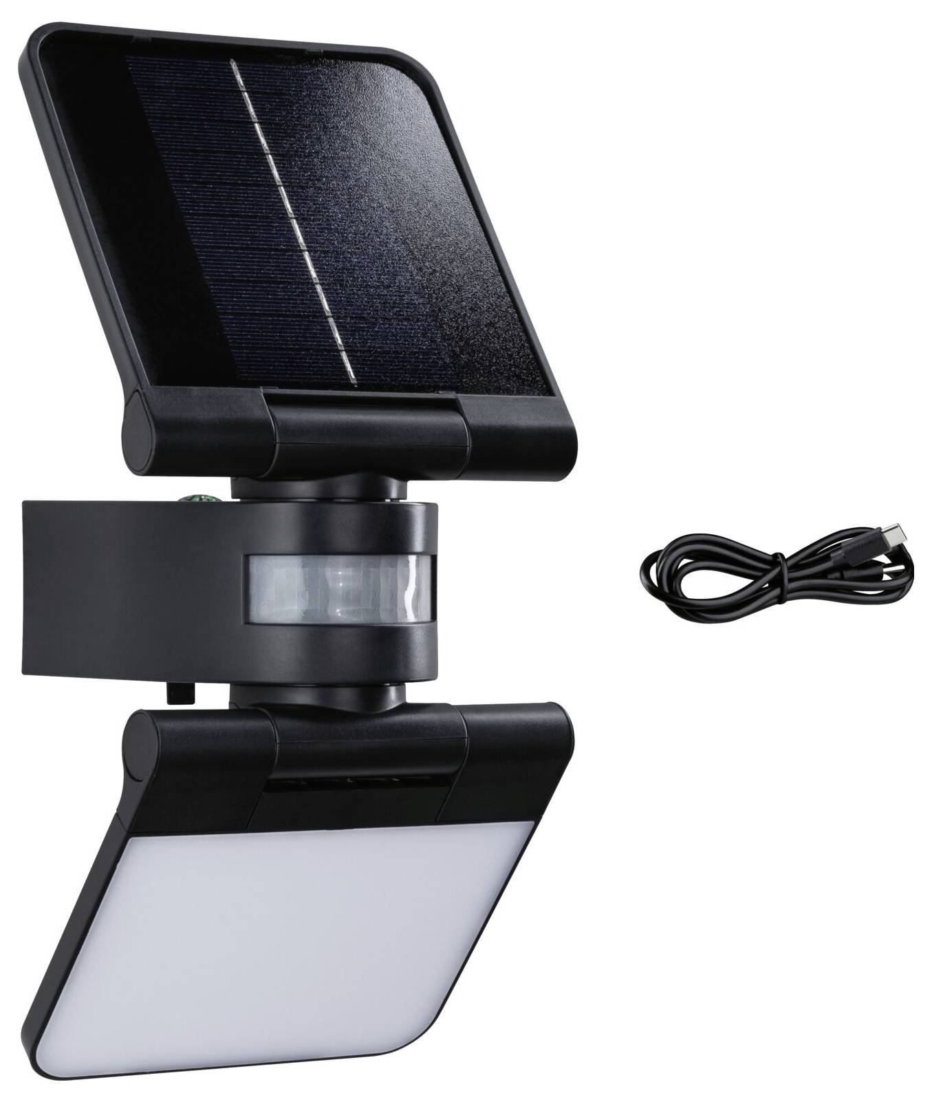 Beweglicher Solarlampenstrahler mit Solarpanel und Kabel. Geeignet für Außenbereiche zur Beleuchtung und Sicherheit.