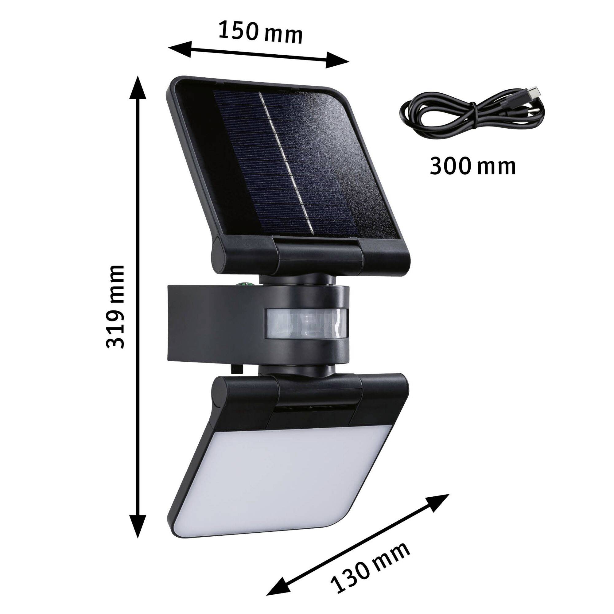 Solarlampe mit zwei Paneelen und einem Lichtkörper. Maße: 150 mm Breite, 319 mm Höhe, 130 mm Tiefe. Enthält ein 300 mm Kabel.