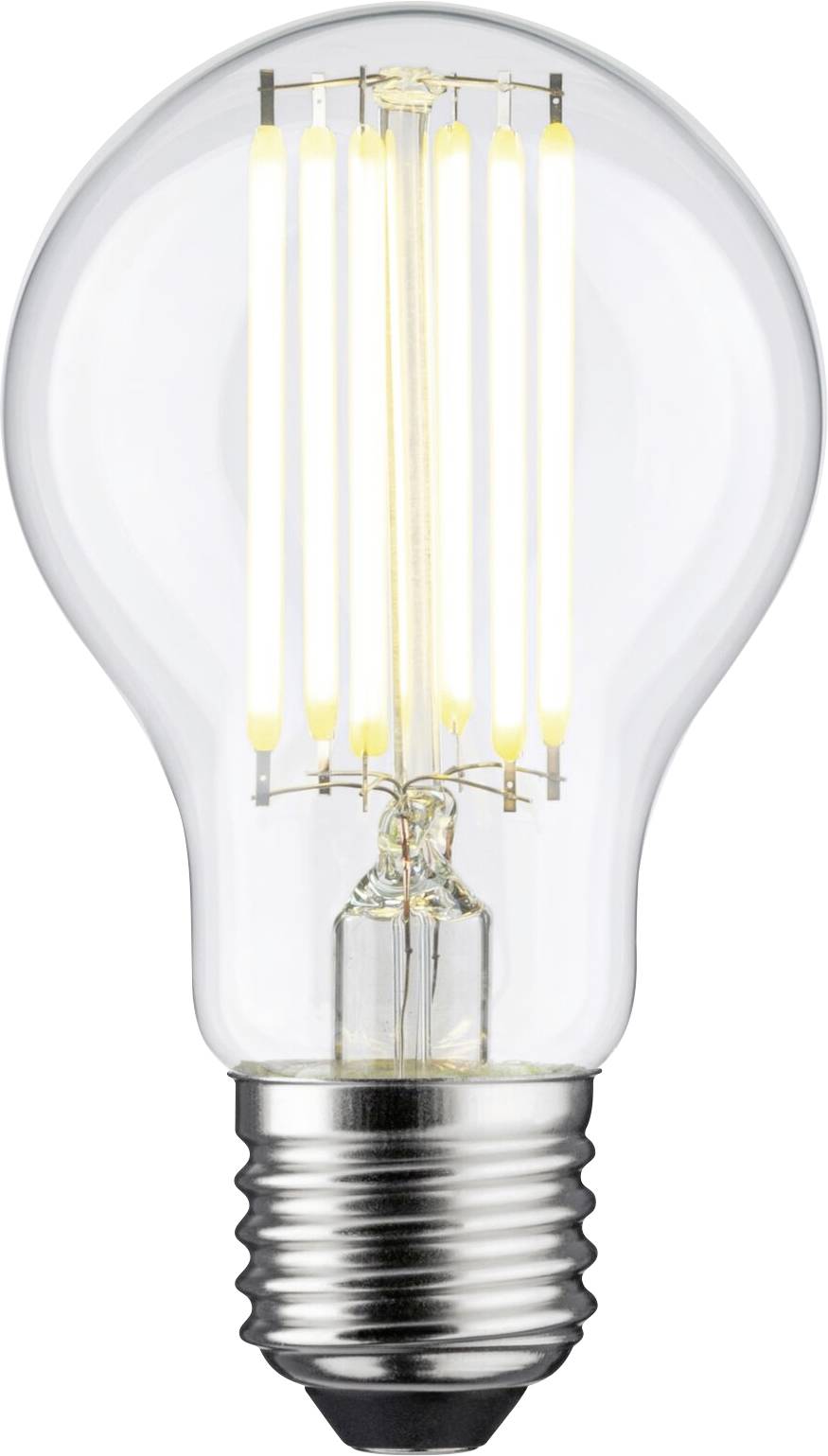 Glühbirne mit sichtbarem Filament und Schraubsockel vor weißem Hintergrund.