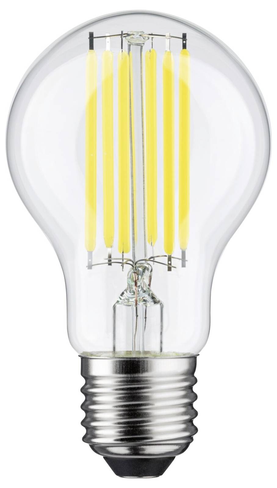 Eine LED-Glühbirne mit E27-Sockel und filamentähnlichen gelben Streifen im Inneren, dargestellt auf einem weißen Hintergrund.