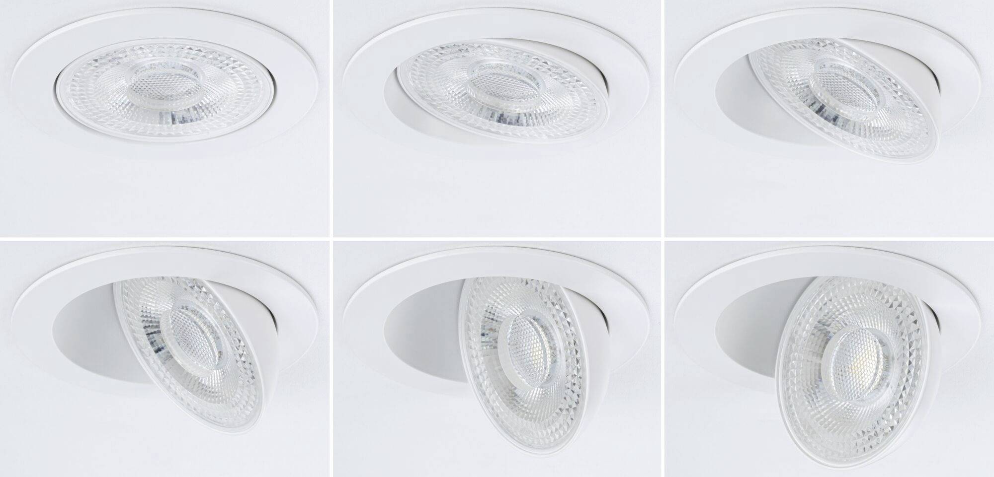 Sechs schwenkbare LED-Deckenspots in weißen Einbaugehäusen, die unterschiedliche Ausrichtungen der Lichtstrahler zeigen.