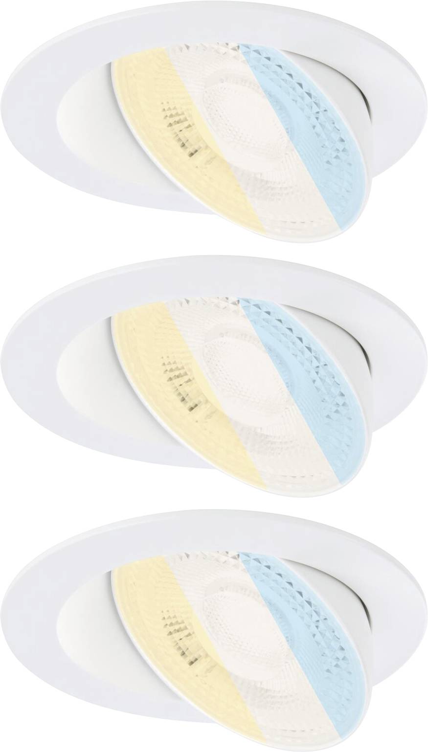 Drei runde Deckenleuchten mit weißem Rahmen, jeweils mit einem dreifarbigen Muster aus Gelb und Blau auf einer strukturierten Oberfläche.