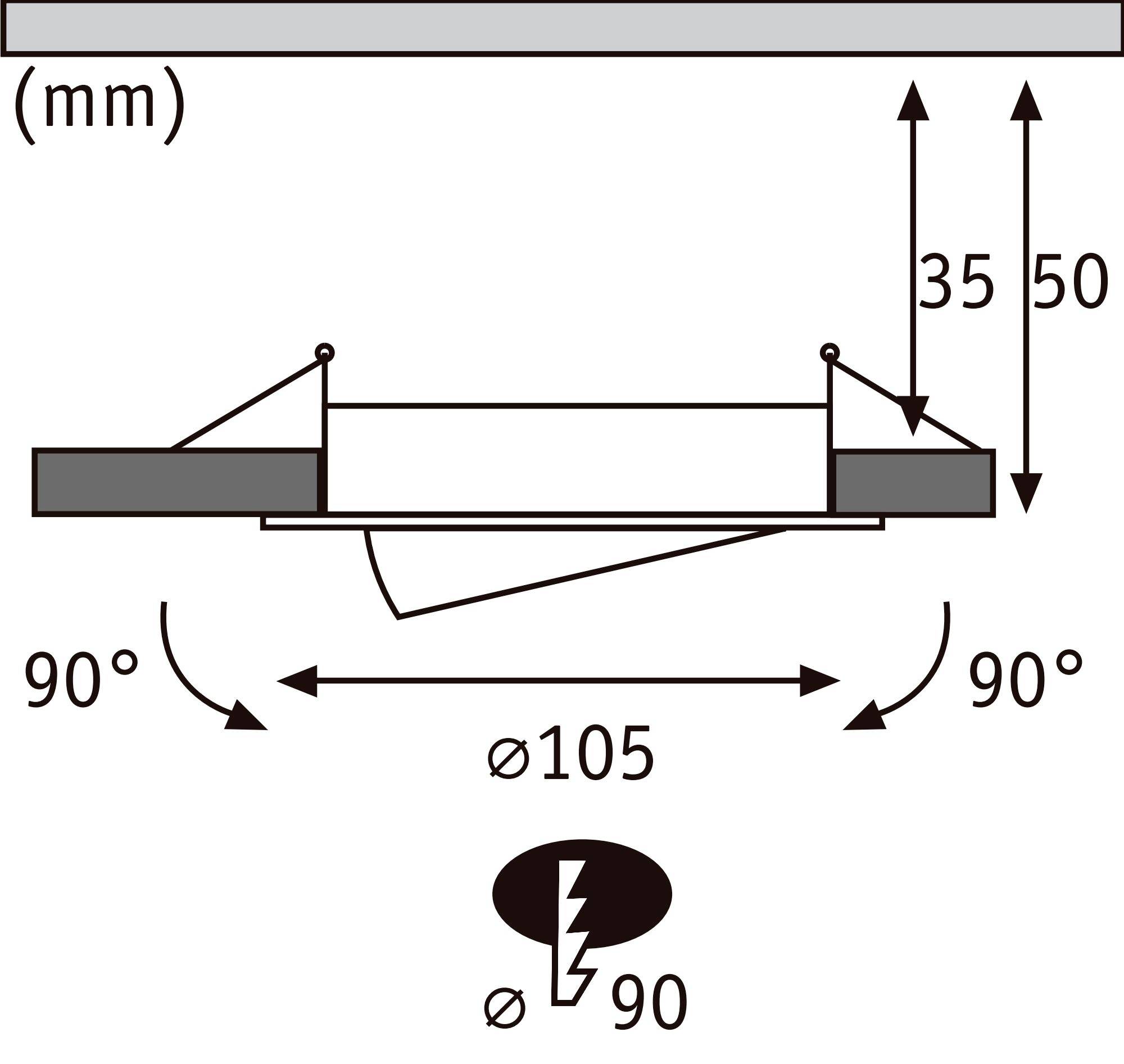 Diagramm einer Deckeninstallation mit Maßangaben: Gesamthöhe 35 mm oben, 50 mm unten; Breite 90 mm; Lochdurchmesser 90 mm; Durchmesser 105 mm.