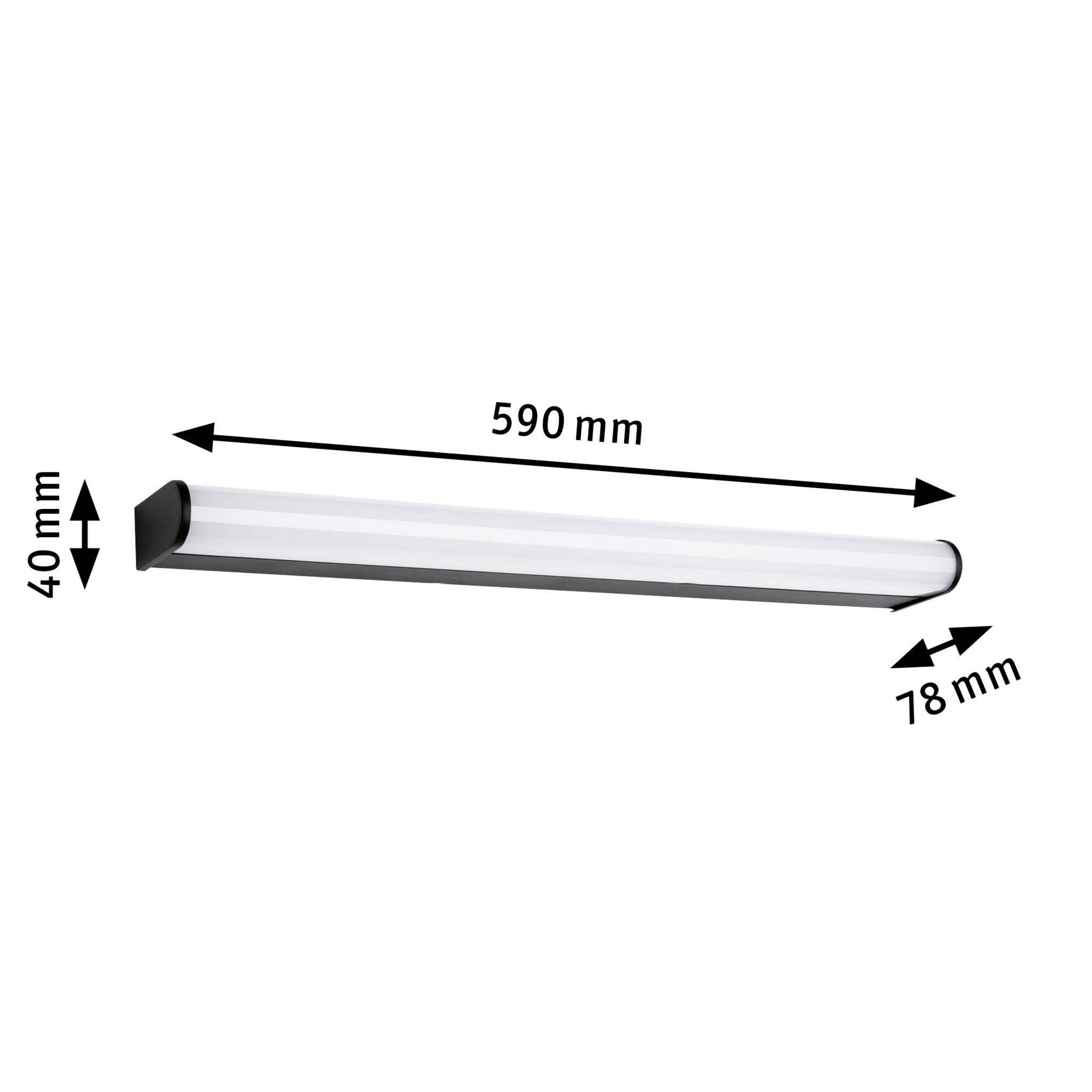 Einzelleuchte: Länge 590 mm, Breite 78 mm, Höhe 40 mm. Schlichtes, stabförmiges Design, geeignet für verschiedene Räume.